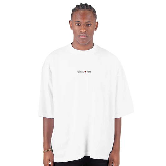 Front view of Chimayoi white oversized heavyweight t-shirt featuring the small stylized central chest logo with a red Torii gate