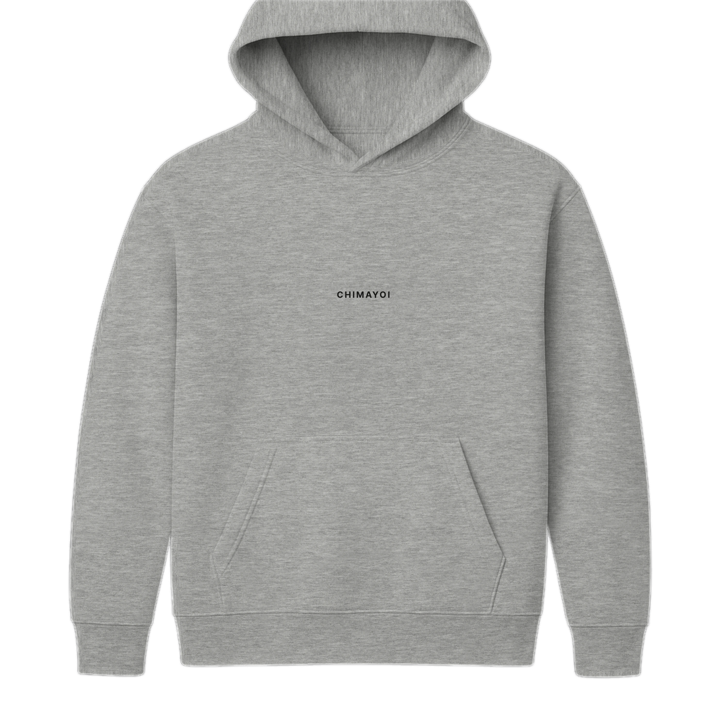 Front view of heather grey oversized unisex hoodie with subtle center chest logo