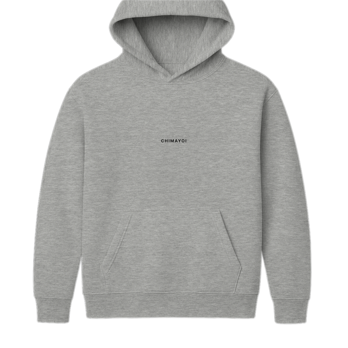 Front view of heather grey oversized unisex hoodie with subtle center chest logo