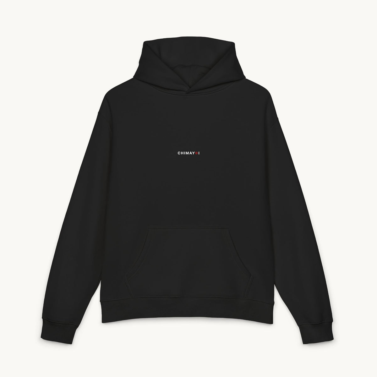Front view of black minimalist pullover hoodie with small centered embroidered chest logo