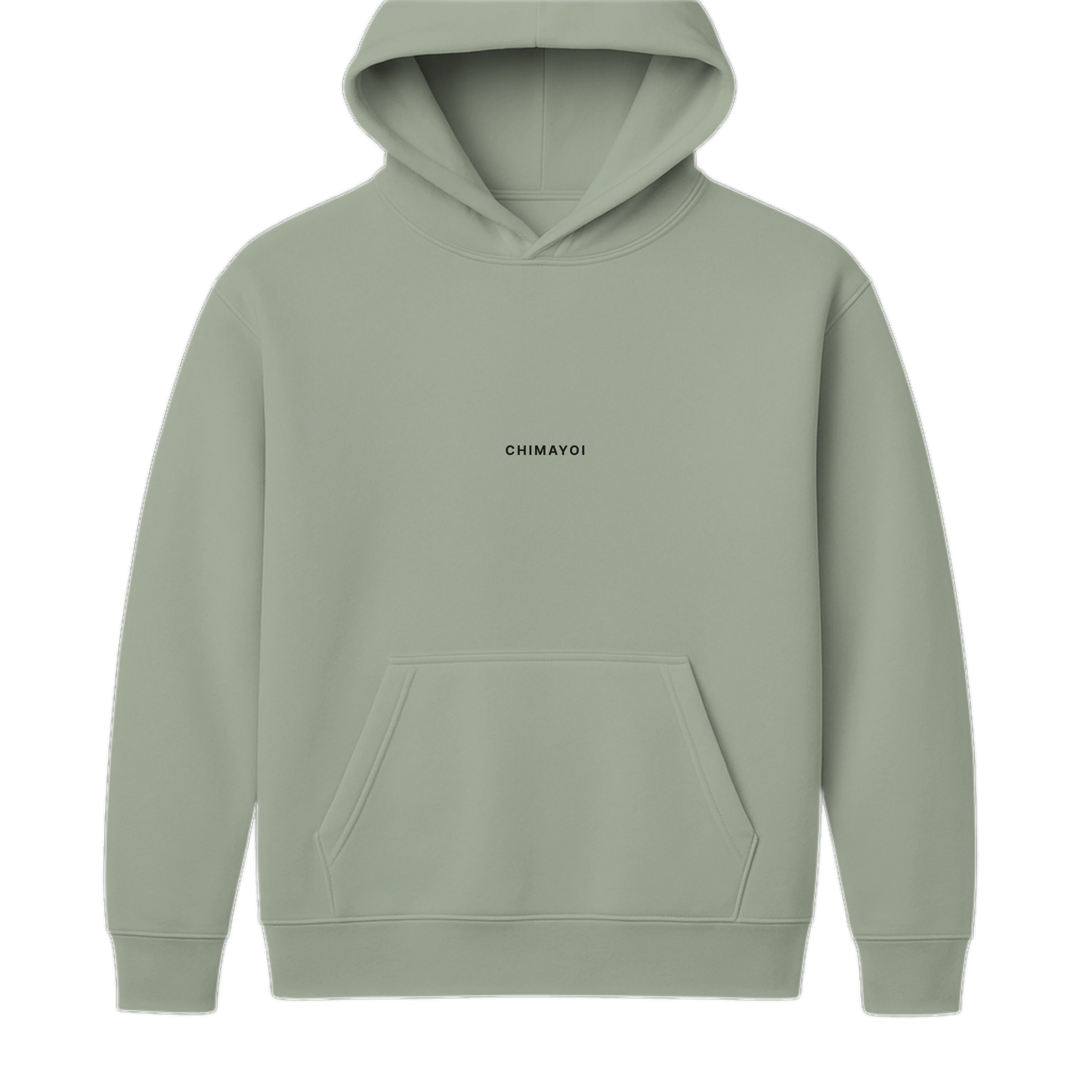 Front view of sage green oversized minimalist hoodie in a relaxed drop shoulder fit