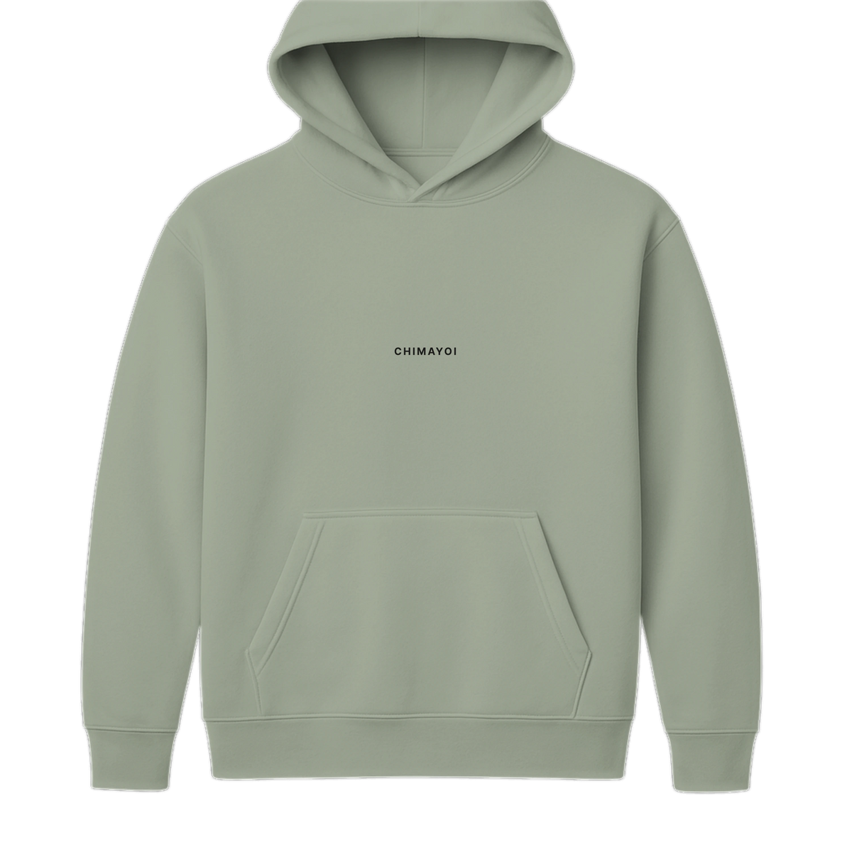 Front view of sage green oversized minimalist hoodie in a relaxed drop shoulder fit