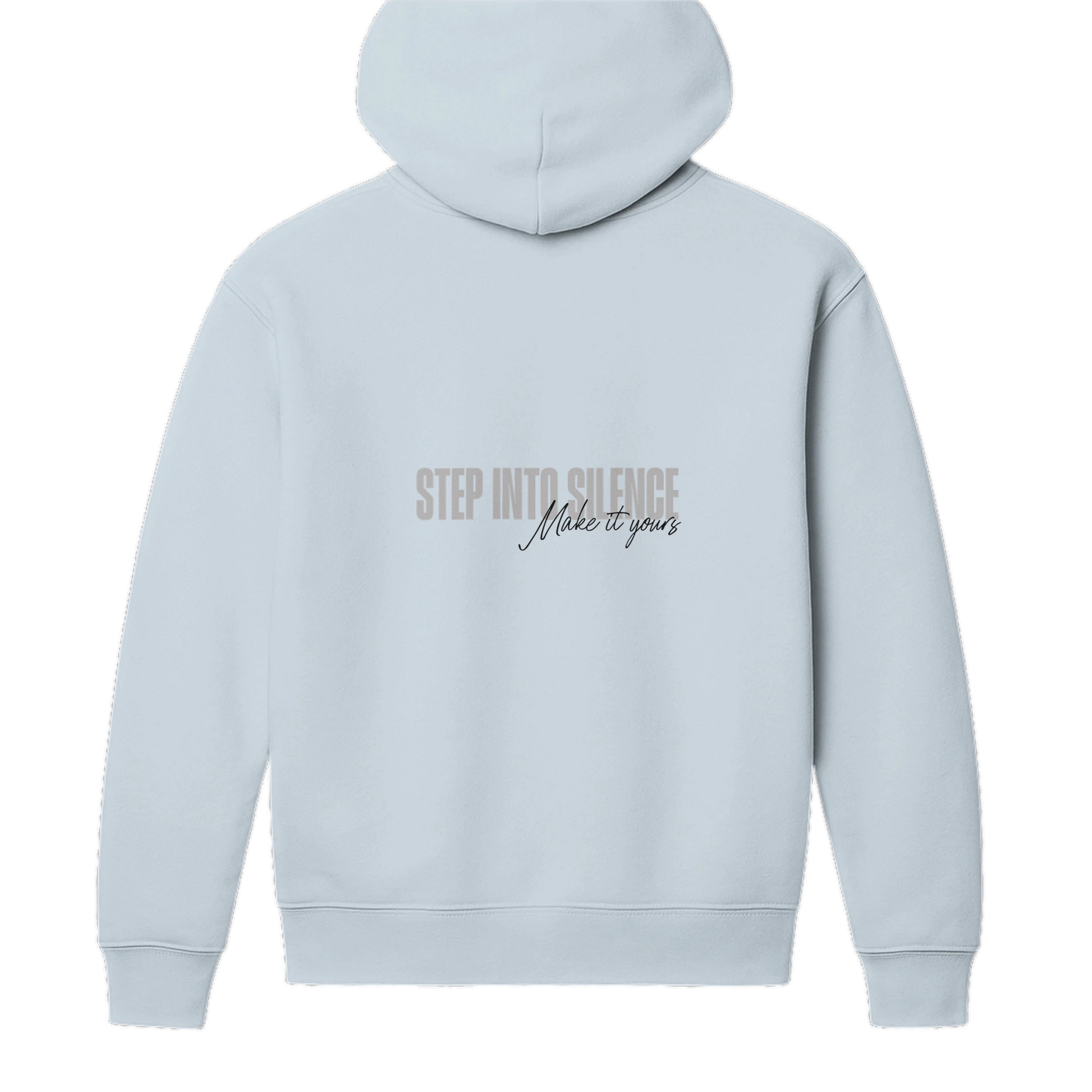 Back view of light blue heavyweight unisex hoodie with bold script graphic