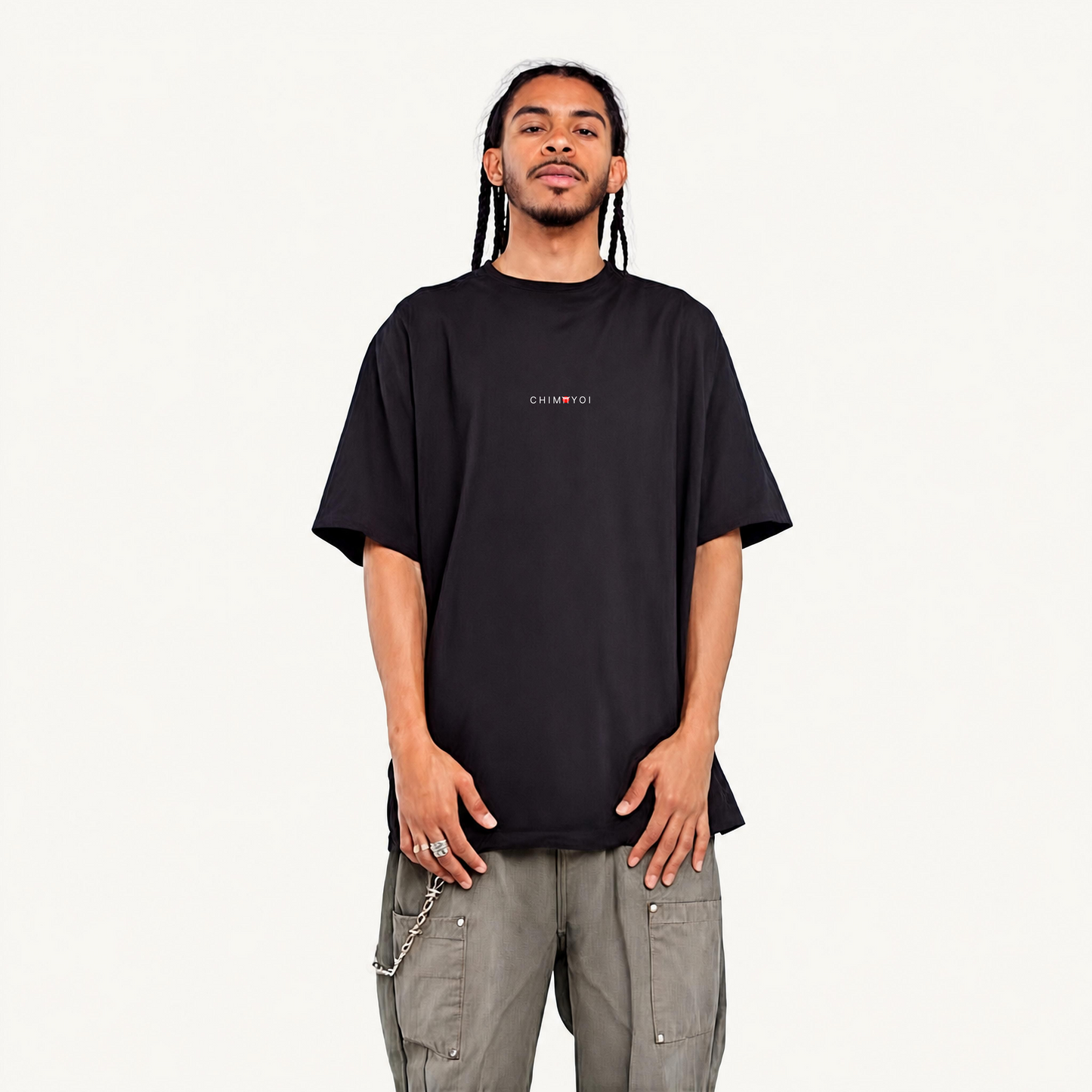 Front view of black unisex heavyweight streetwear t-shirt with minimal Torii gate logo