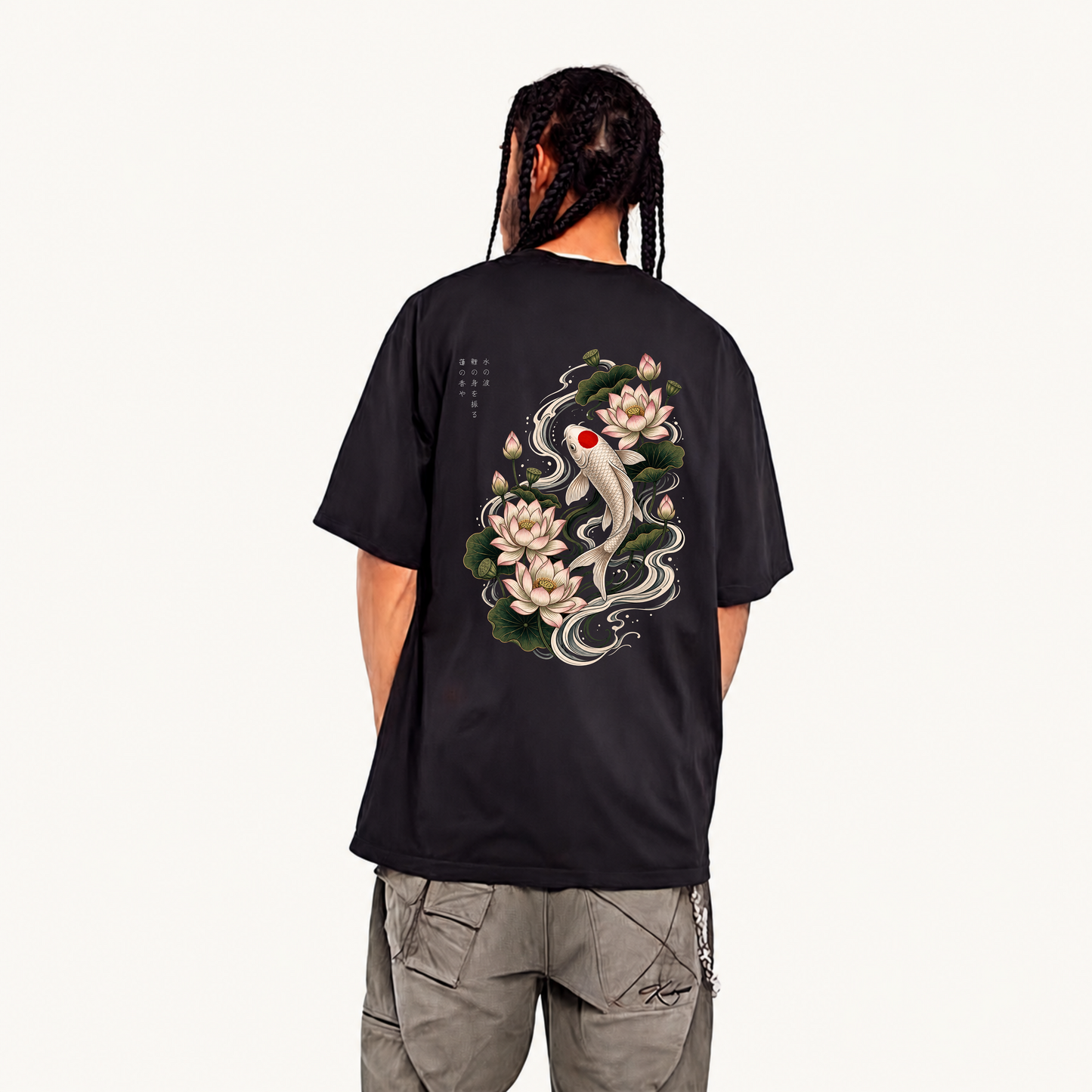 Back view of oversized black streetwear graphic tee with Japanese Ukiyo-e Koi fish print