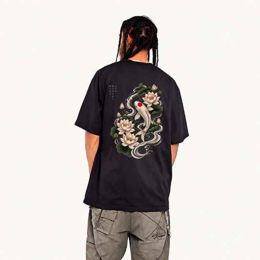 Back view of oversized black streetwear graphic tee with Japanese Ukiyo-e Koi fish print