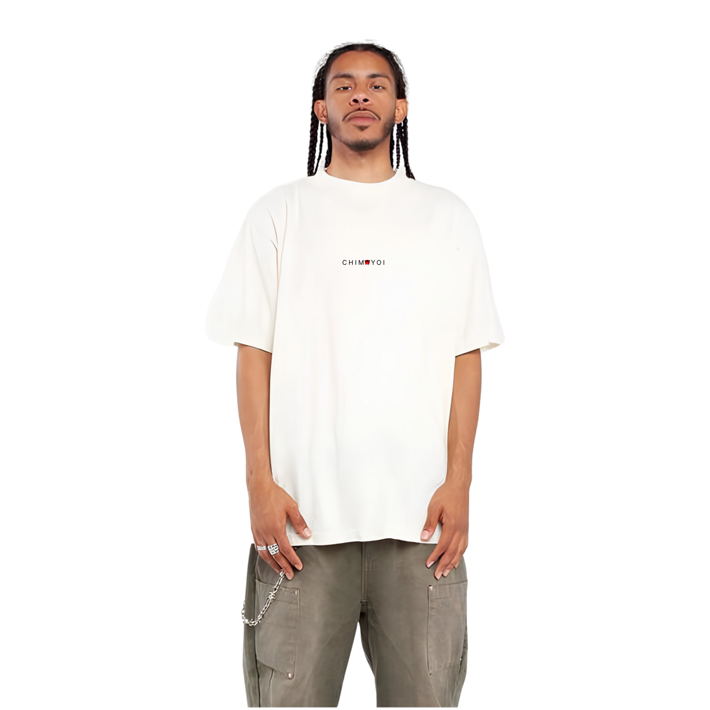 Front view of white unisex heavyweight streetwear t-shirt in a relaxed drop shoulder fit