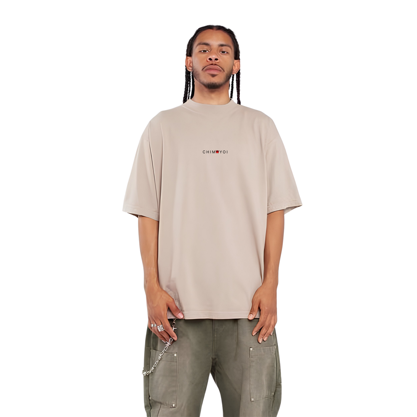 Front view of beige heavyweight unisex streetwear t-shirt in a relaxed drop shoulder fit