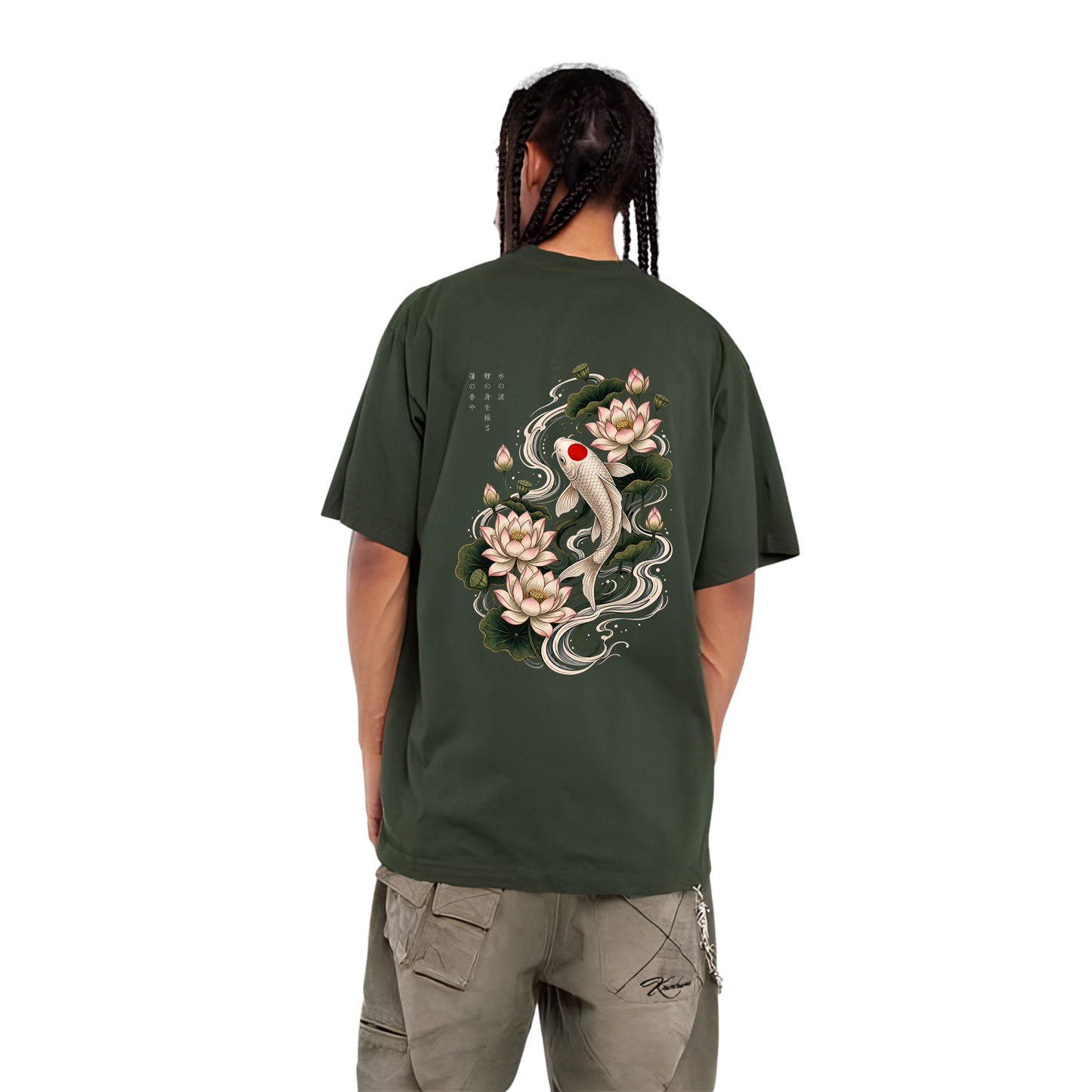 Olive green oversized streetwear tee featuring traditional Japanese Koi fish and lotus back artwork
