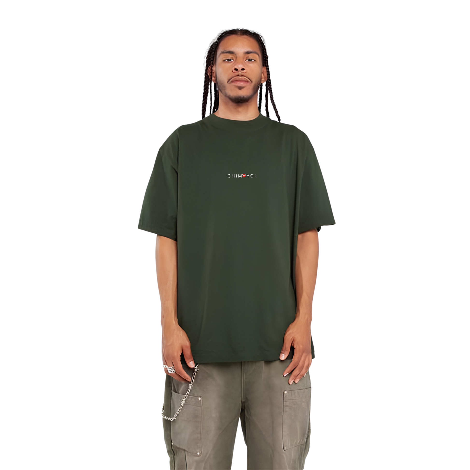 Front view of olive green unisex heavyweight streetwear t-shirt with relaxed vintage fit