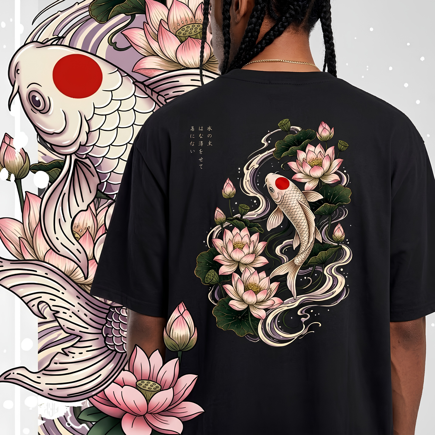 A person shown from the back wearing a black T-shirt with a large Japanese-style koi fish and lotus pond graphic printed on the back. The shirt design features pink and white lotus flowers, green leaves, and a white koi with a red circle, set against a light gray background with a matching graphic overlay on the left.