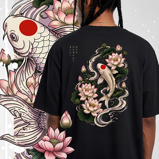 A person shown from the back wearing a black T-shirt with a large Japanese-style koi fish and lotus pond graphic printed on the back. The shirt design features pink and white lotus flowers, green leaves, and a white koi with a red circle, set against a light gray background with a matching graphic overlay on the left.