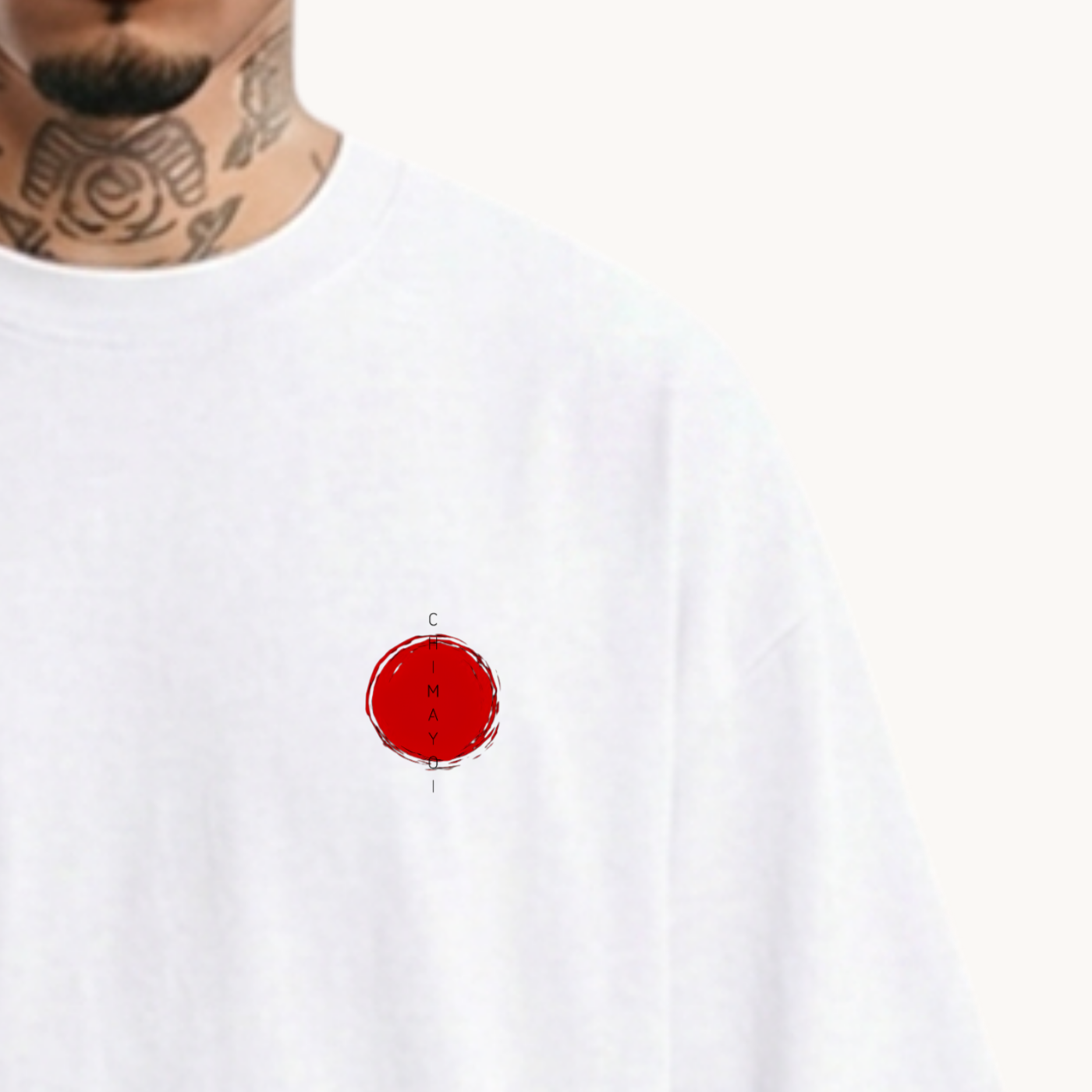 Close-up chest detail of CHIMAYOI white graphic tee showing the minimalist red Hinomaru sun design