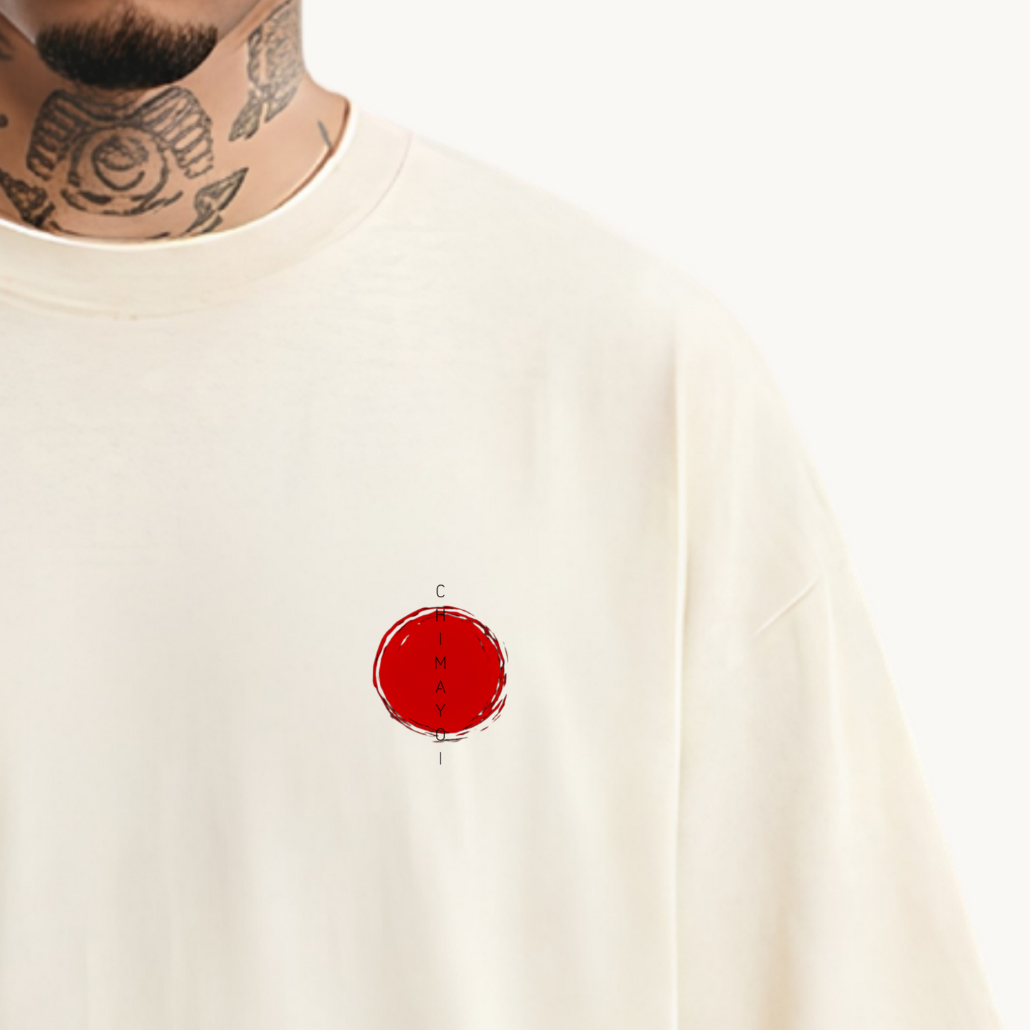 Close-up chest detail of CHIMAYOI cream tee displaying the vertical logo and red Hinomaru sun