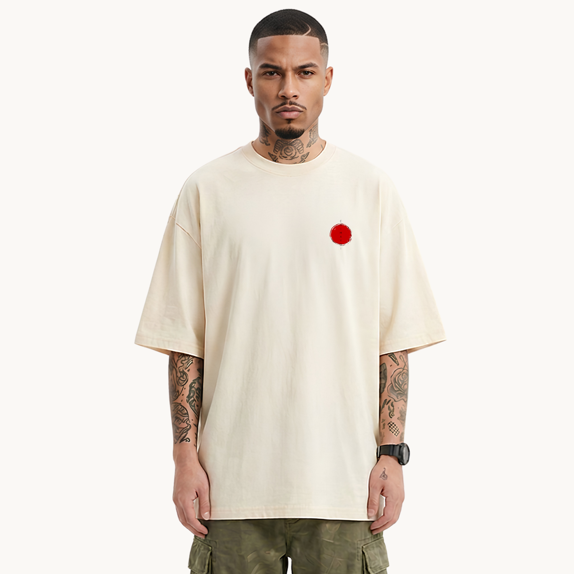 Male model wearing CHIMAYOI off-white oversized t-shirt, front view with subtle red Hinomaru sun chest logo