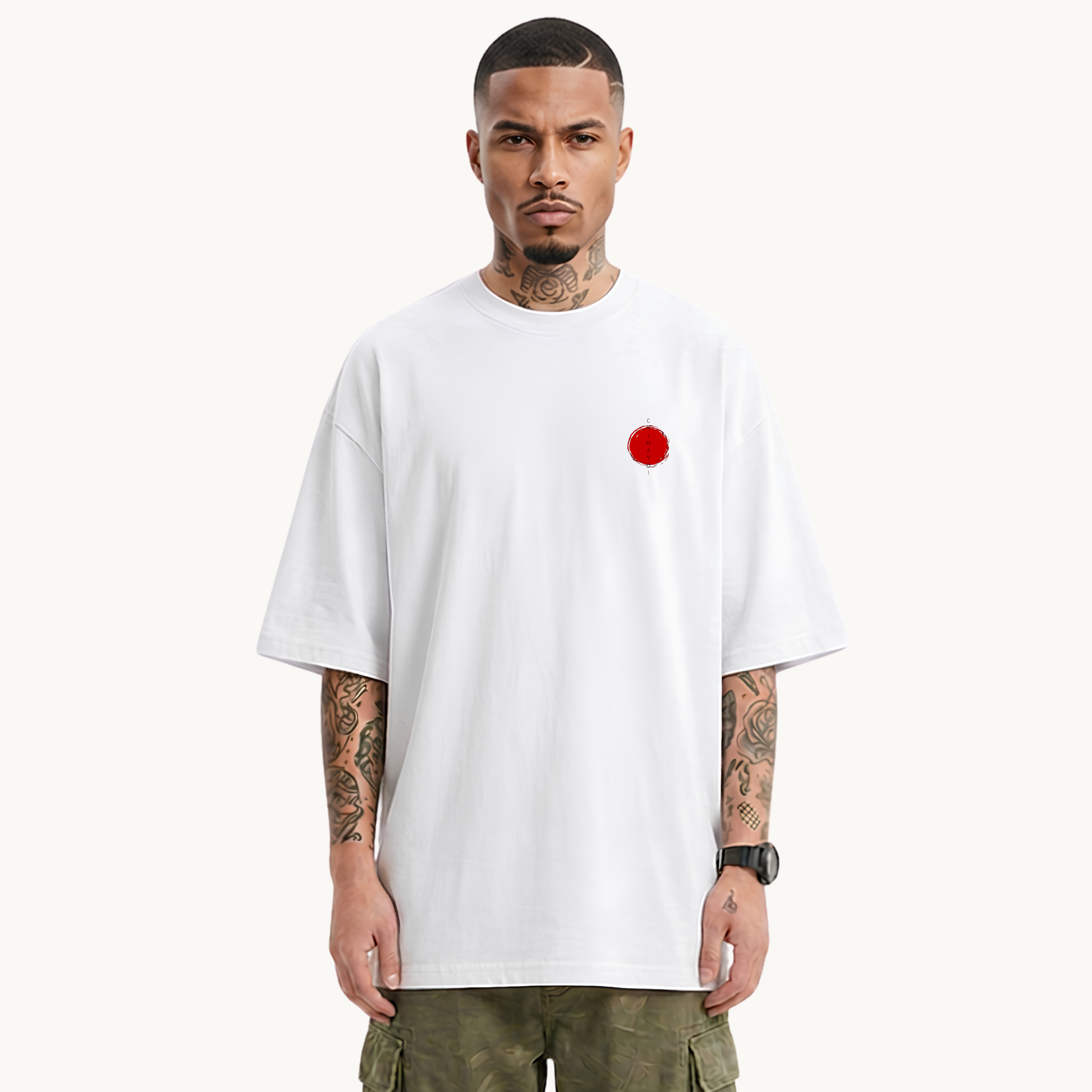 Male model wearing CHIMAYOI white oversized streetwear t-shirt, front view featuring minimalist red Hinomaru sun logo