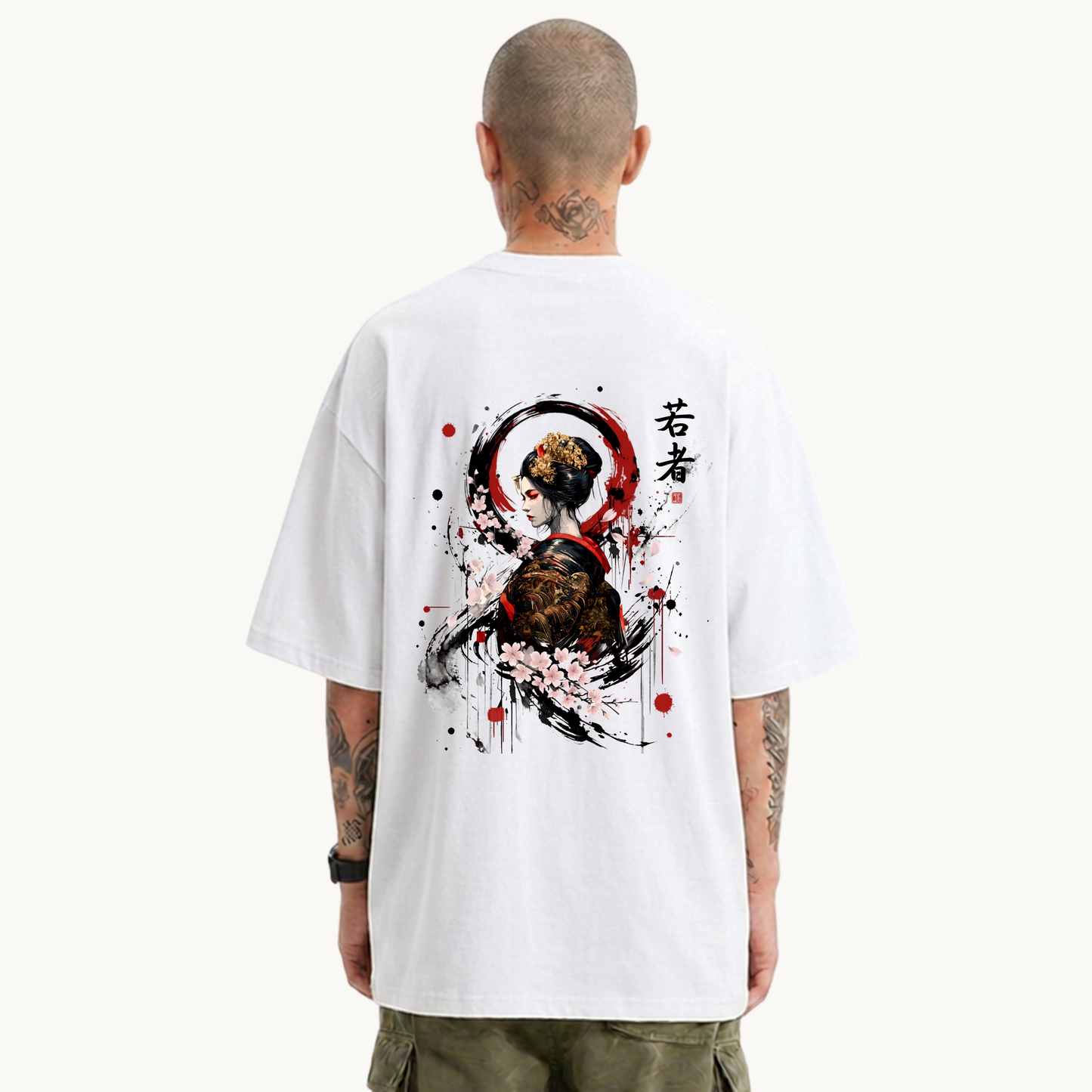 Male model wearing CHIMAYOI white heavyweight graphic tee, back view showcasing expressive Japanese Geisha Sumi-e artwork