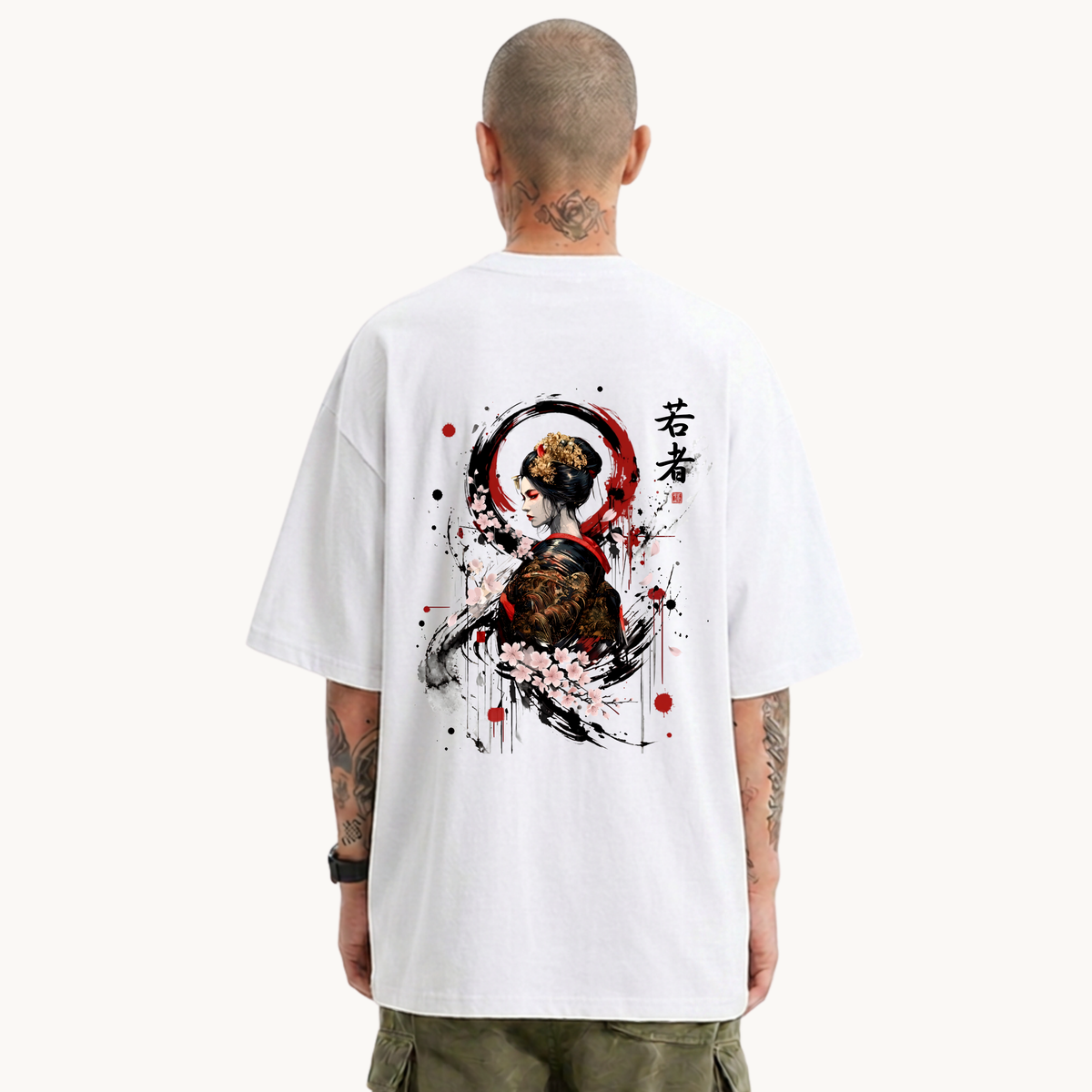 Male model wearing CHIMAYOI white heavyweight graphic tee, back view showcasing expressive Japanese Geisha Sumi-e artwork