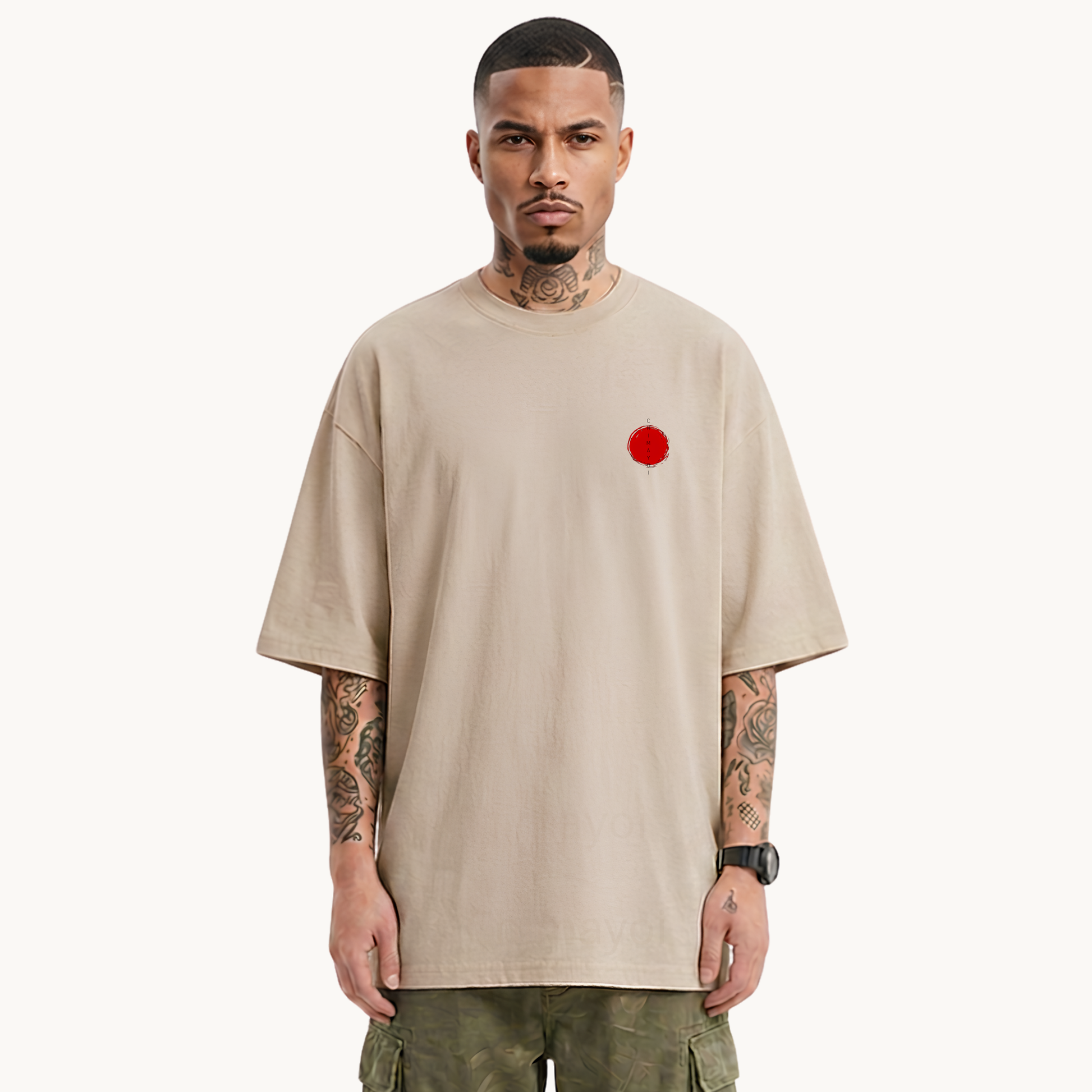 Male model wearing CHIMAYOI beige oversized streetwear t-shirt, front view featuring red Hinomaru sun logo