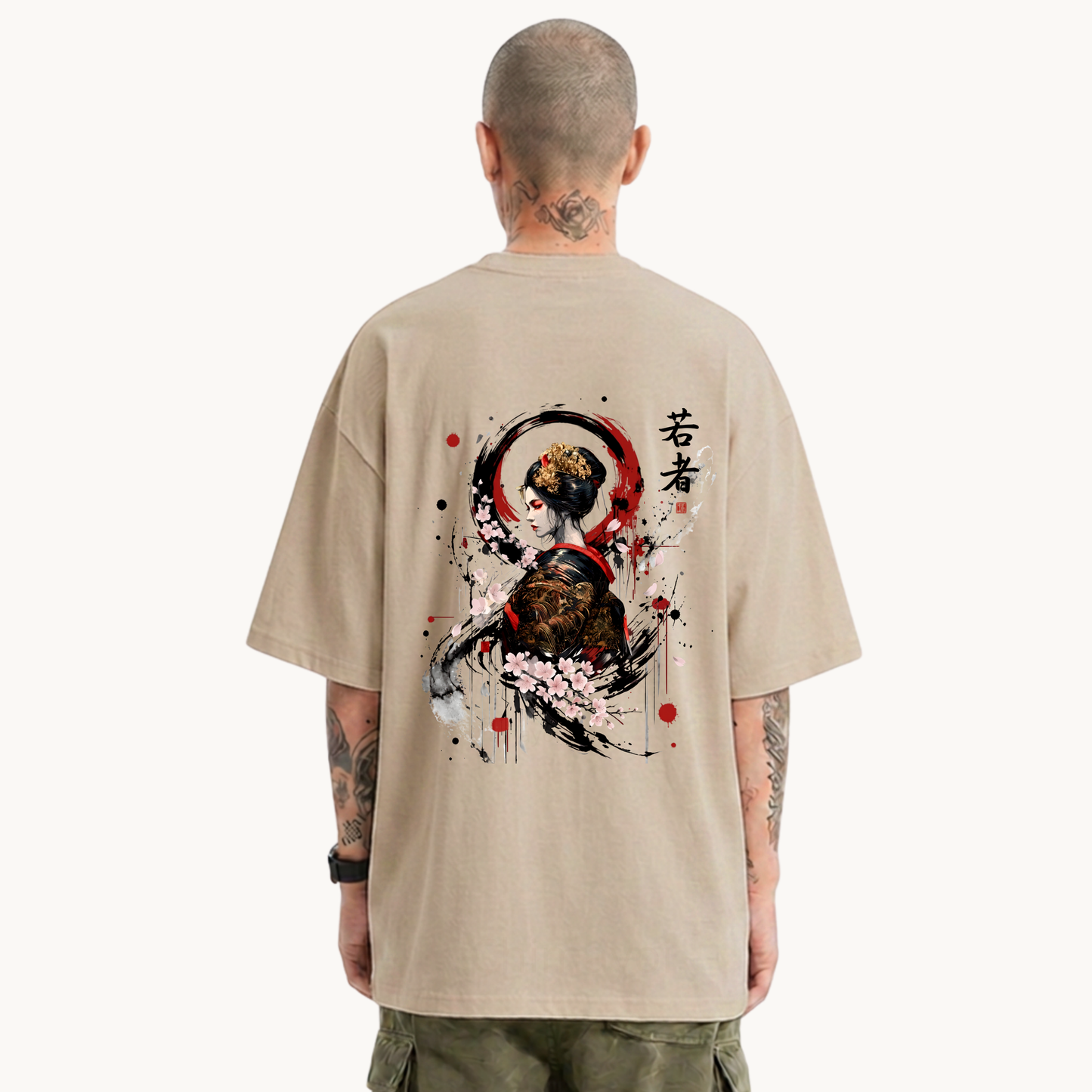 Male model wearing CHIMAYOI beige heavyweight graphic tee, back view showcasing traditional Geisha portrait and Kanji artwork