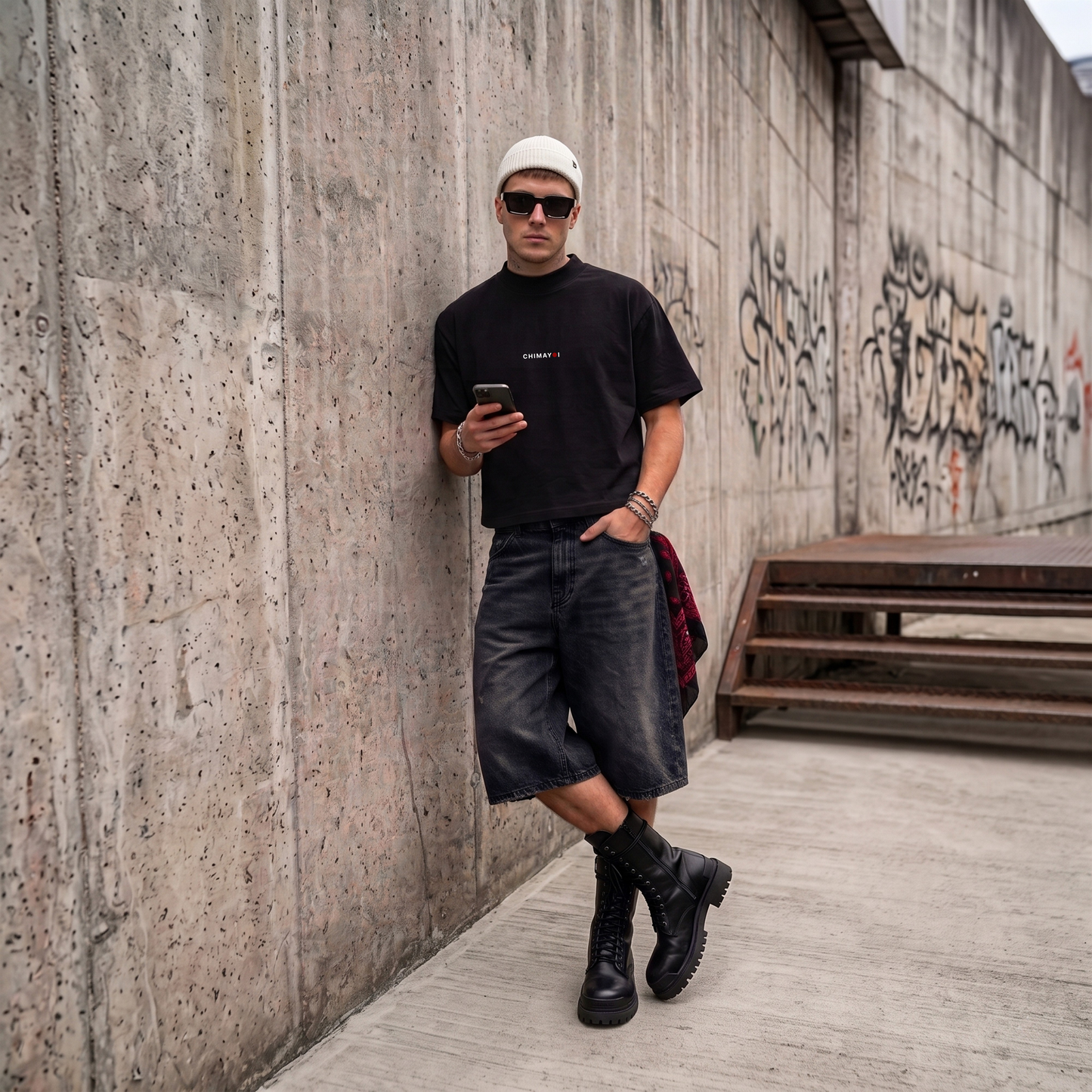Male model wearing CHIMAYOI Black cropped tee leaning against an urban concrete wall, showcasing wearable art streetwear.
