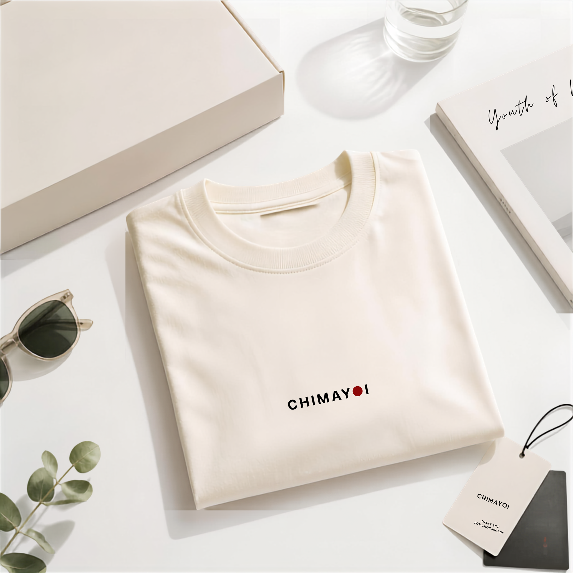 A folded off-white-colored t-shirt with 'CHIMAYOI' printed in black and a small red heart on the chest, styled in a flat-lay arrangement, highlighting the embroidered center logo.