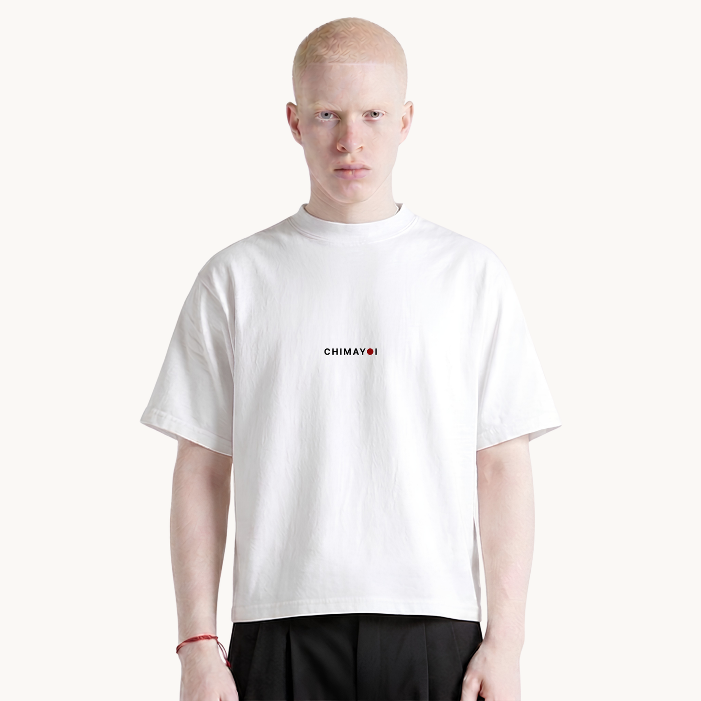CHIMAYOI Embroidered Heavyweight Cropped Tee in White, front view on male model showing clean lines and structured premium cotton.