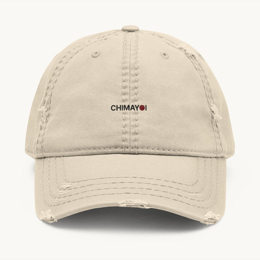 CHIMAYOI Embroidered Distressed Dad Hat in beige, front view showing subtle brim fraying and centered micro-logo.