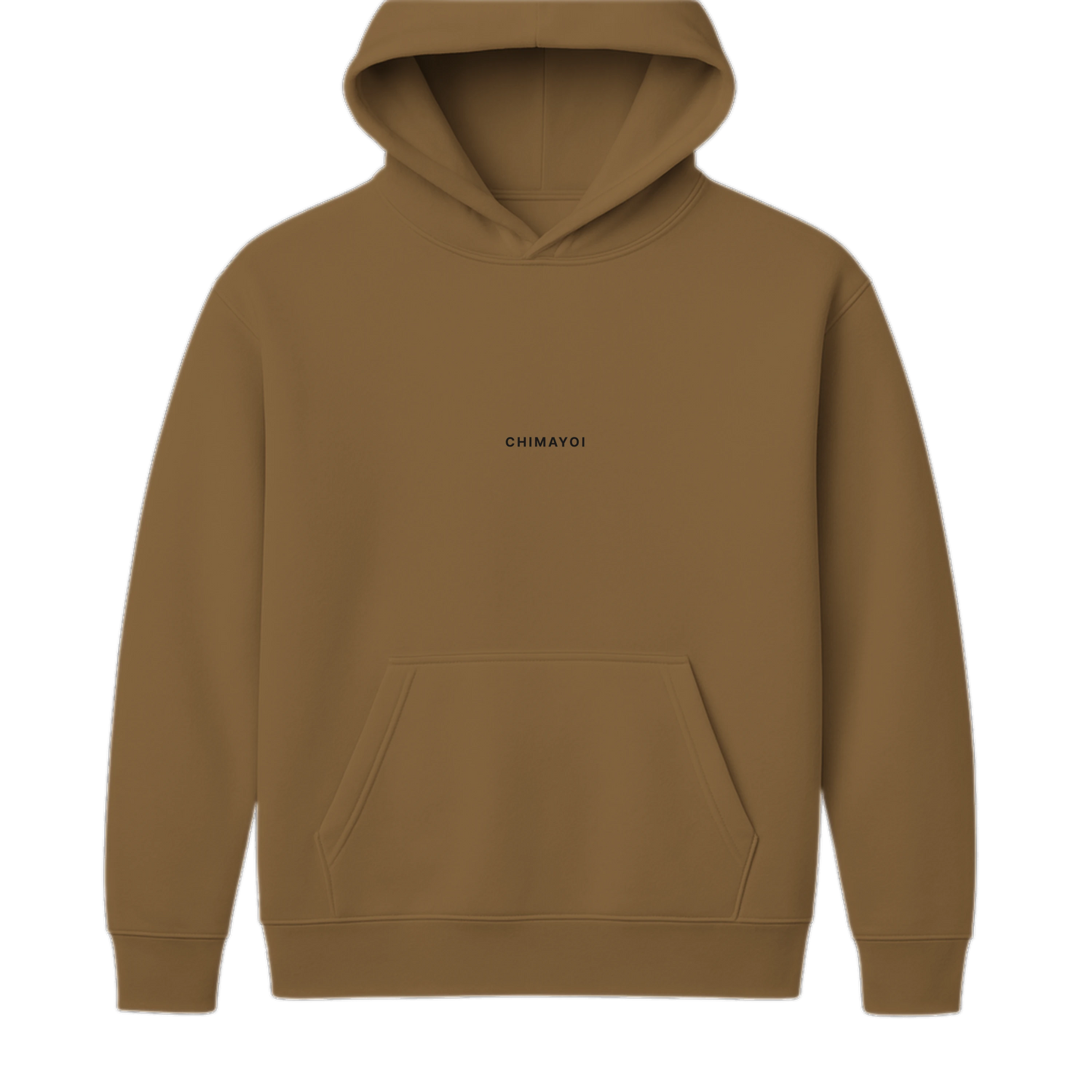 Front view of brown minimalist heavyweight hoodie with no-drawcord design