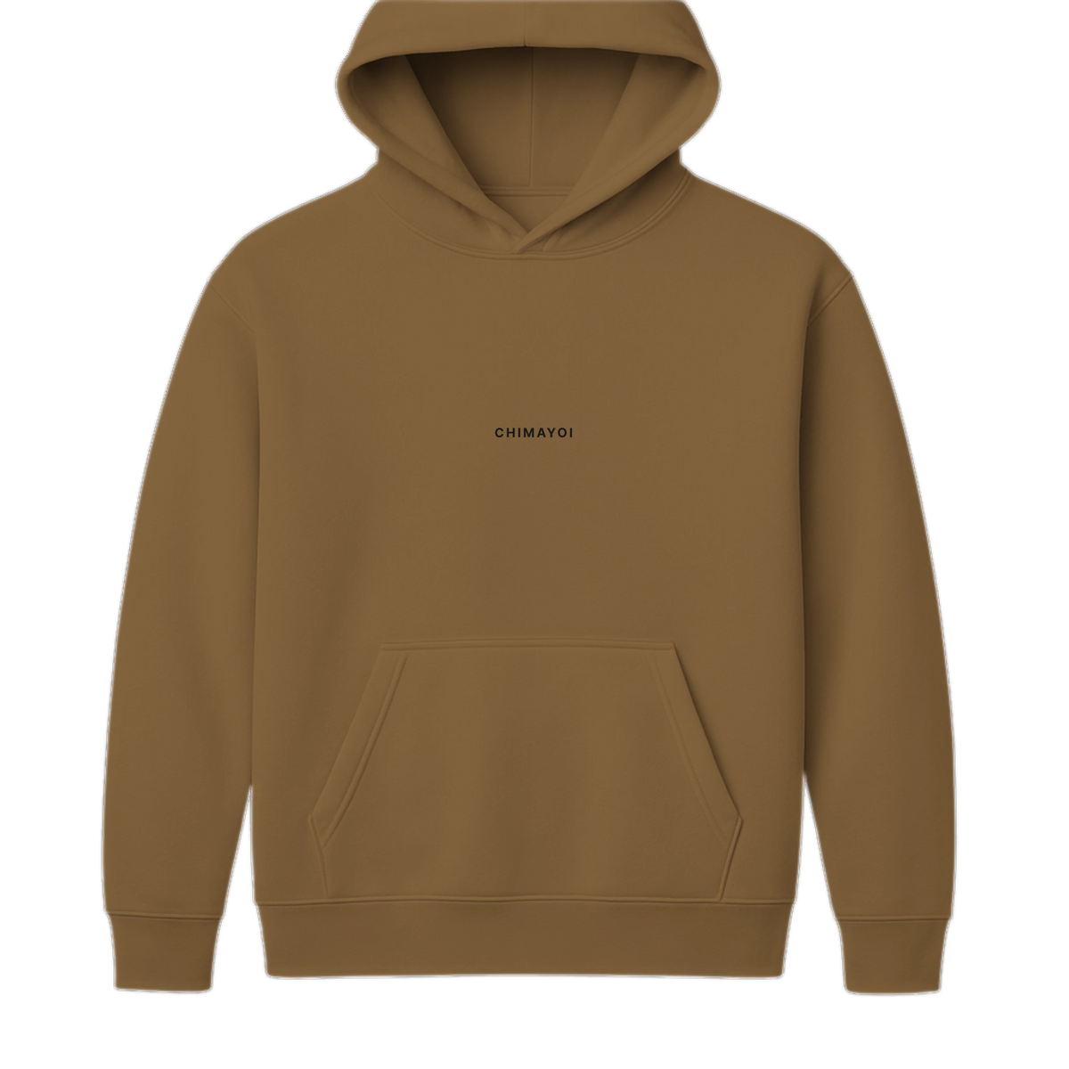 Front view of brown minimalist heavyweight hoodie with no-drawcord design