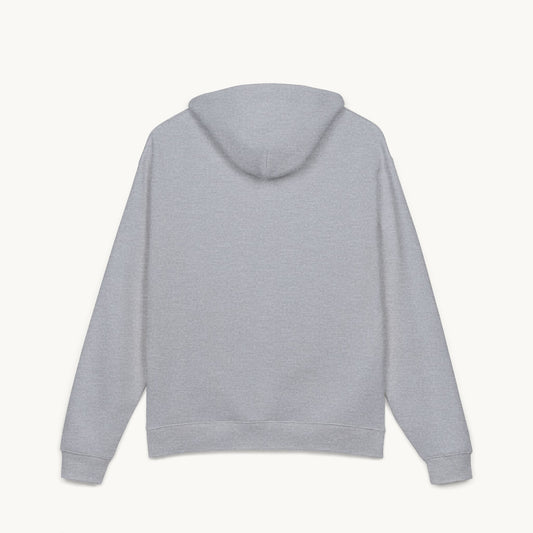 Back view of light grey relaxed fit unisex pullover hoodie
