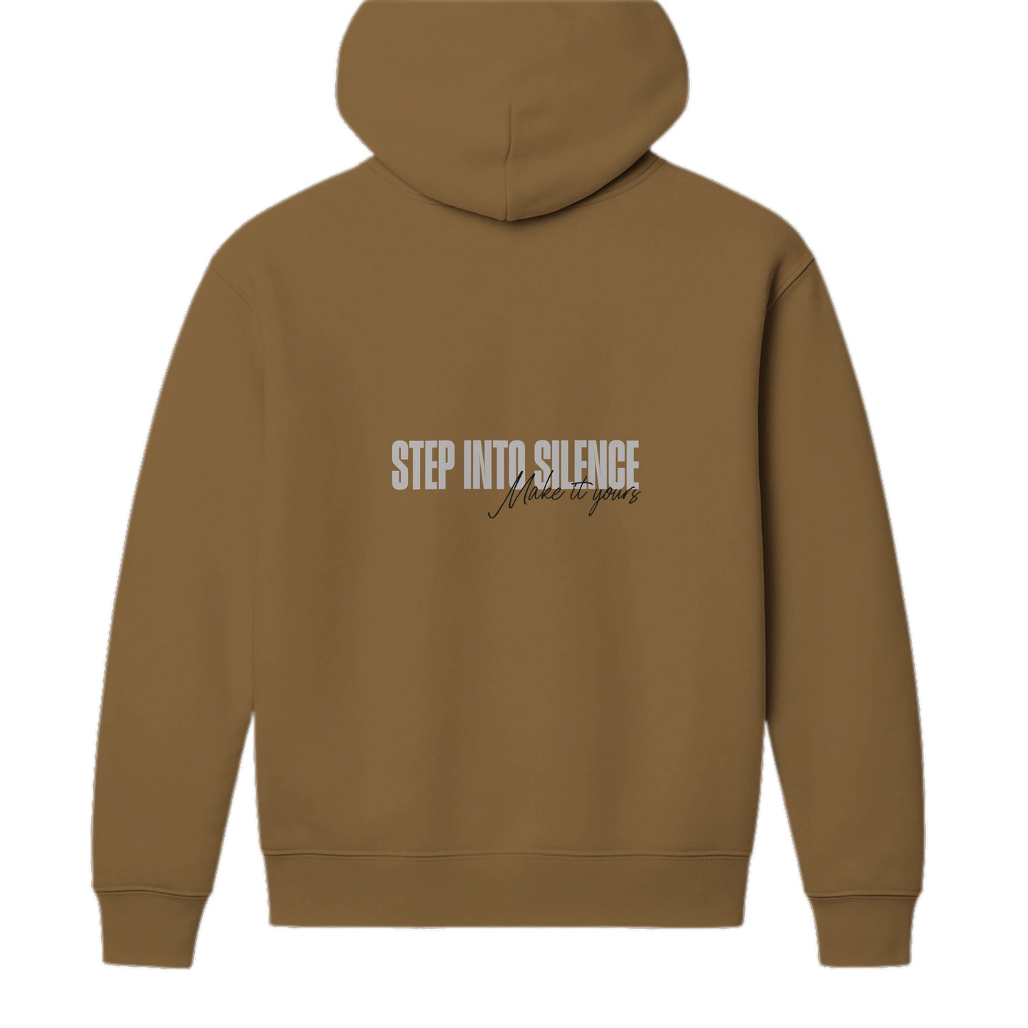 Back view of brown oversized streetwear hoodie with Step Into Silence graphic