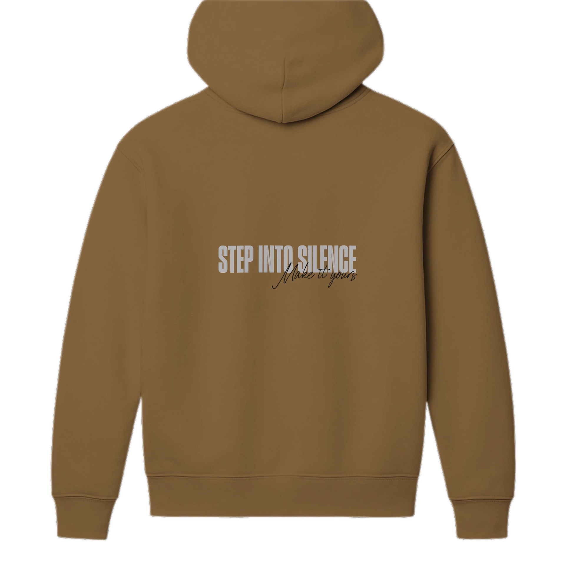 Back view of brown oversized streetwear hoodie with Step Into Silence graphic