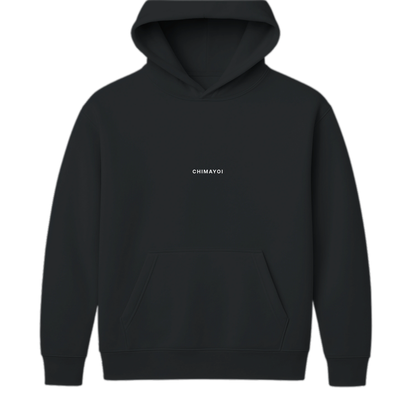 Front view of black oversized streetwear hoodie with minimal Chimayoi chest logo
