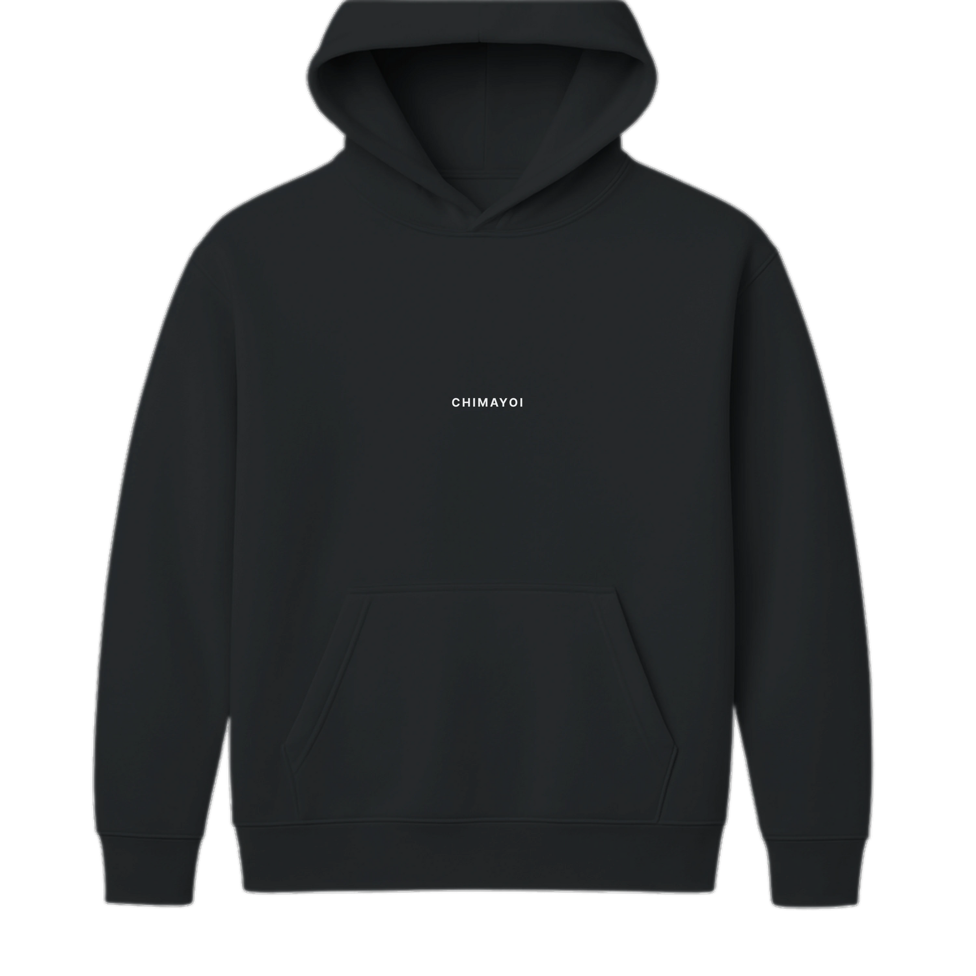 Front view of black oversized streetwear hoodie with minimal Chimayoi chest logo