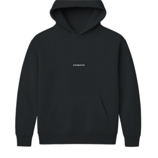 Front view of black oversized streetwear hoodie with minimal Chimayoi chest logo