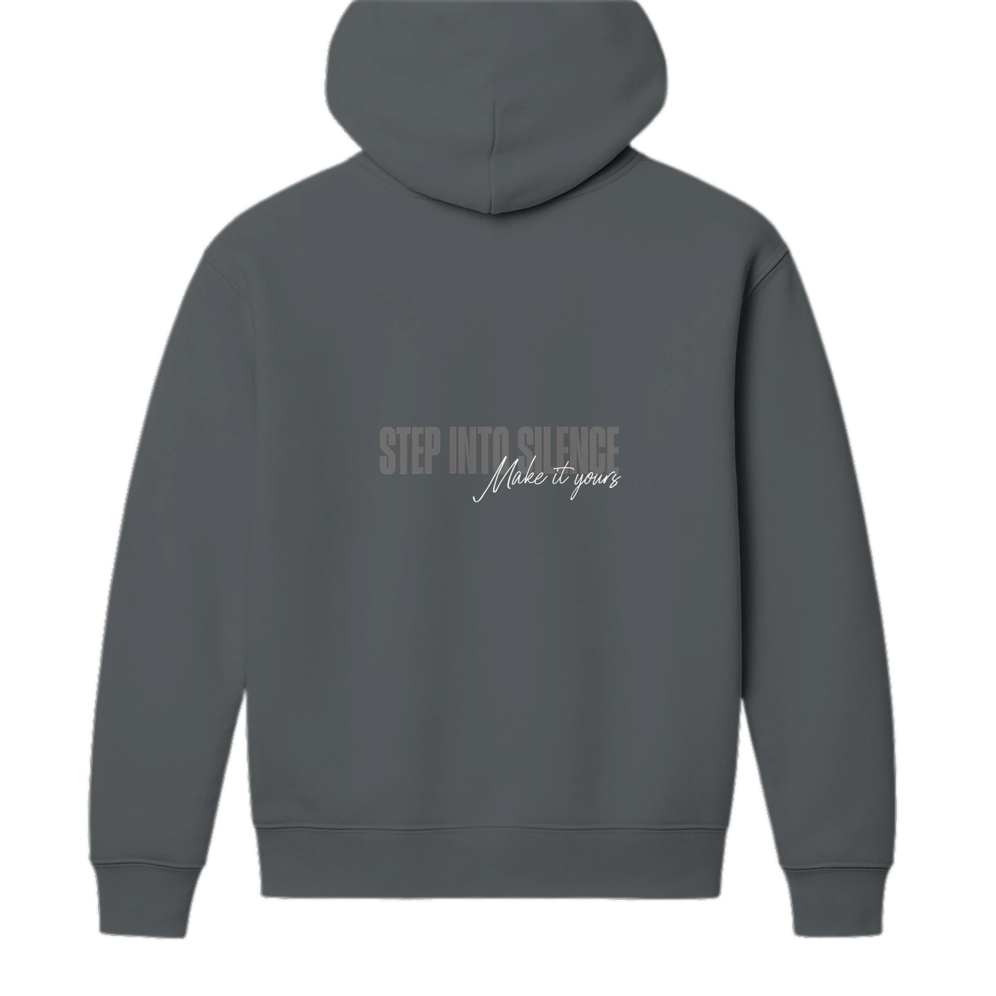 Back view of charcoal grey heavyweight hoodie with bold back script graphic