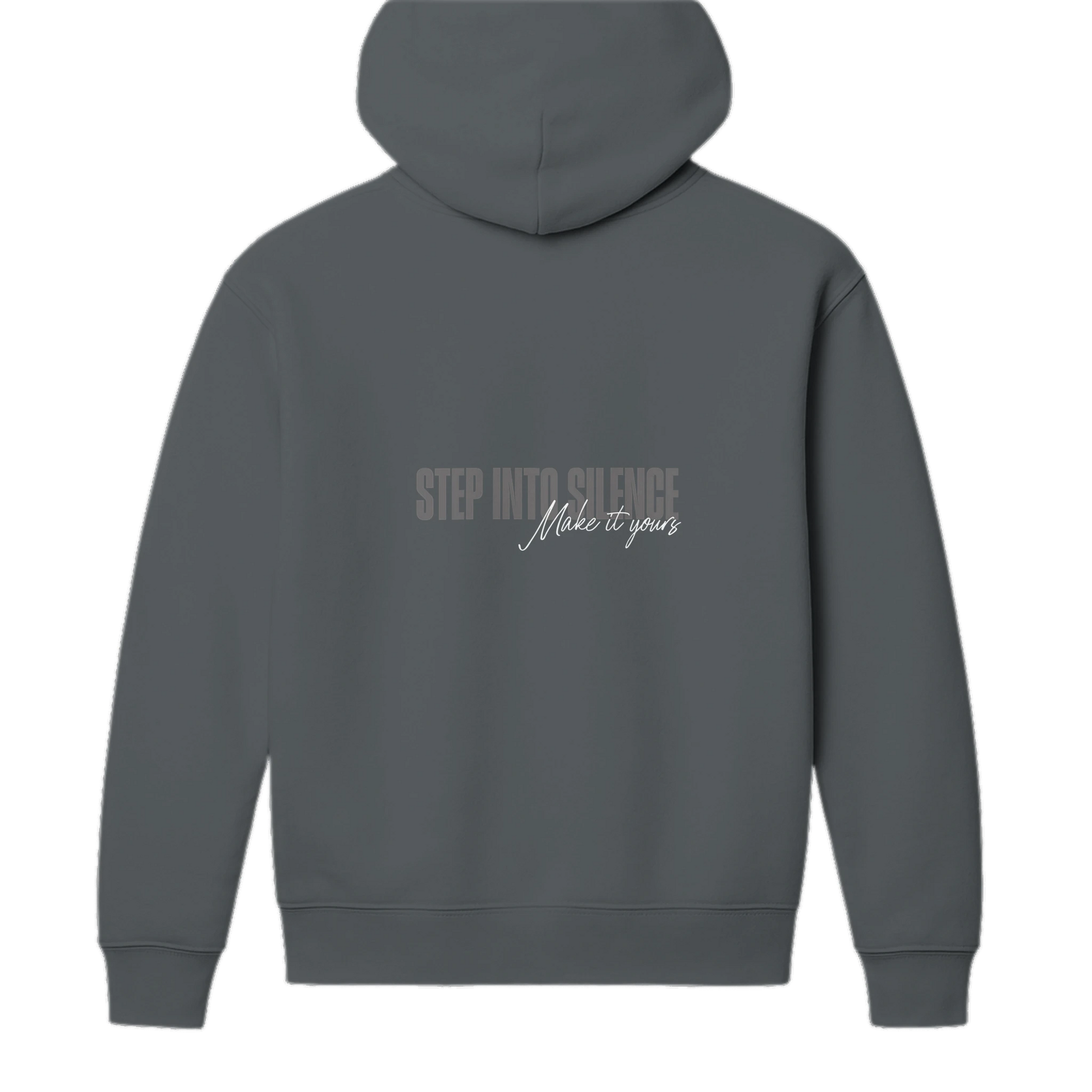 Back view of charcoal grey heavyweight hoodie with bold back script graphic
