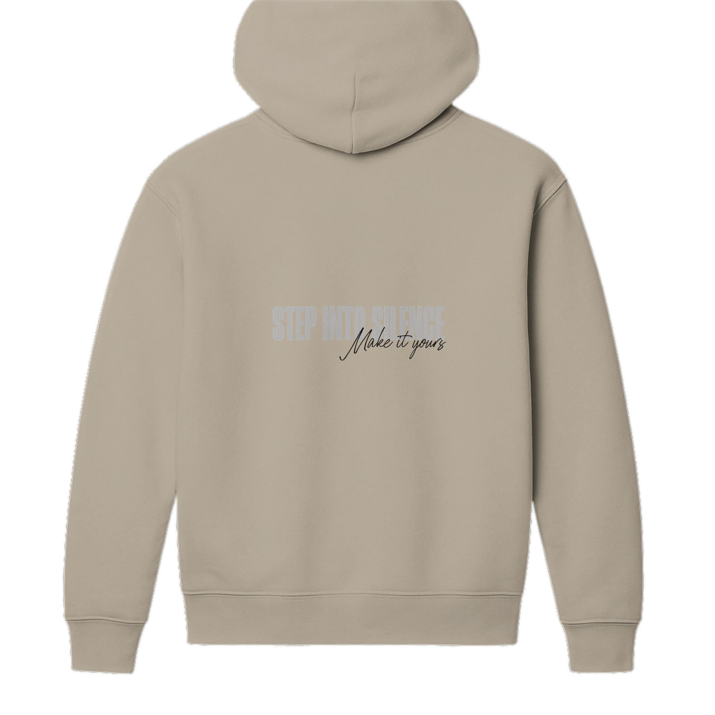 Back view of beige oversized streetwear hoodie featuring Step Into Silence back print