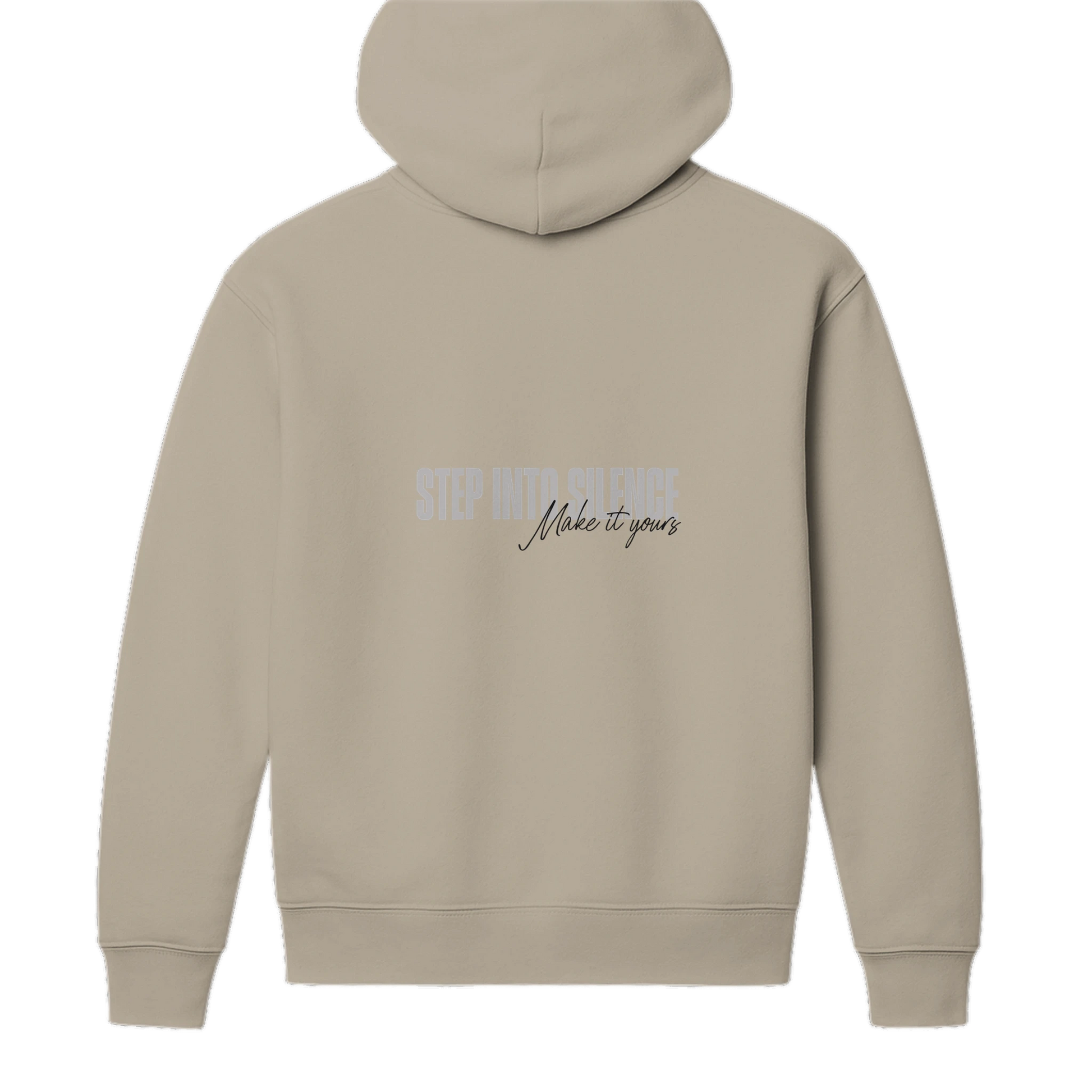 Back view of beige oversized streetwear hoodie featuring Step Into Silence back print