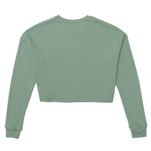 Back view of Chimayoi "Bonjour bébé!" cropped sweatshirt in Dusty Blue