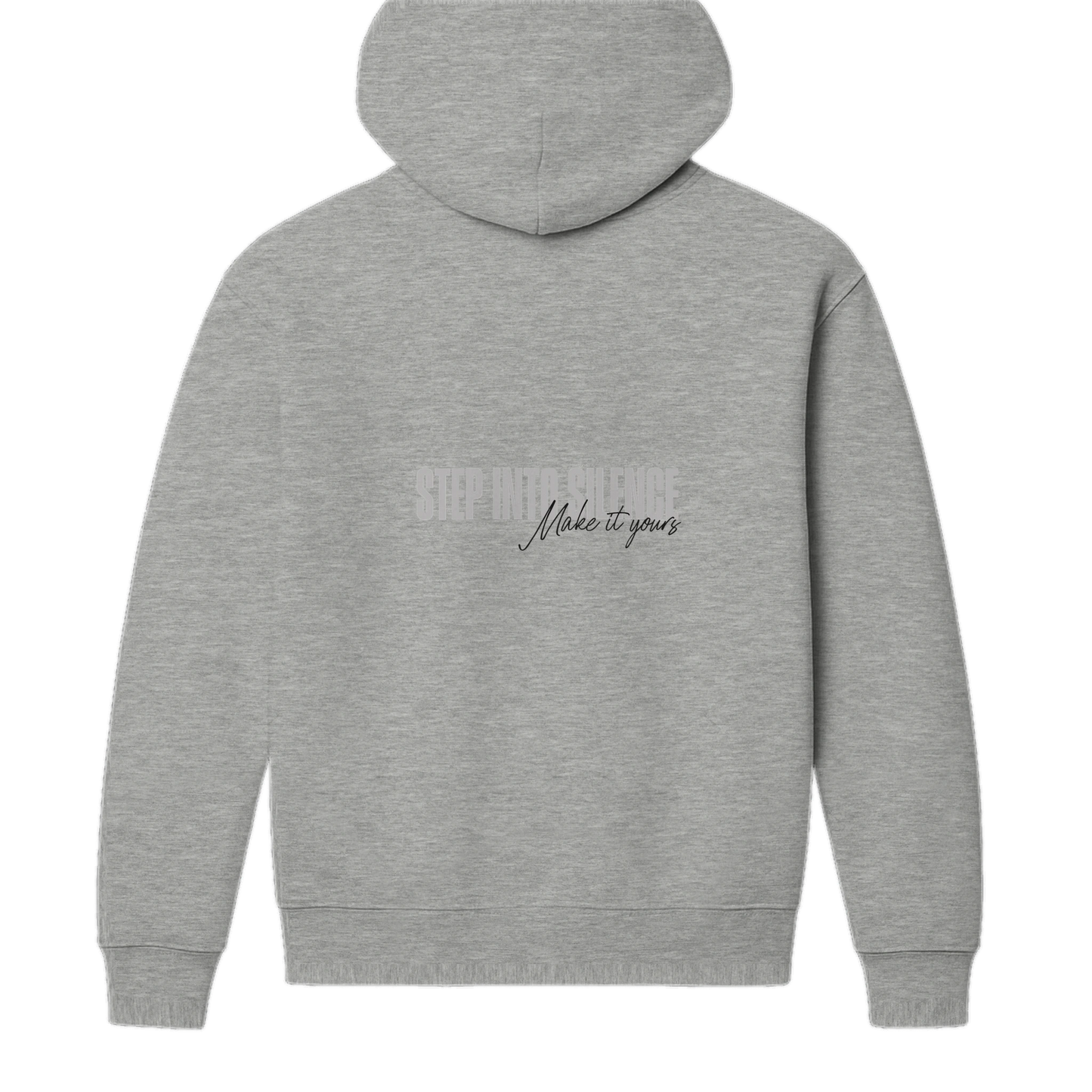 Back view of heather grey streetwear hoodie featuring Step Into Silence back text