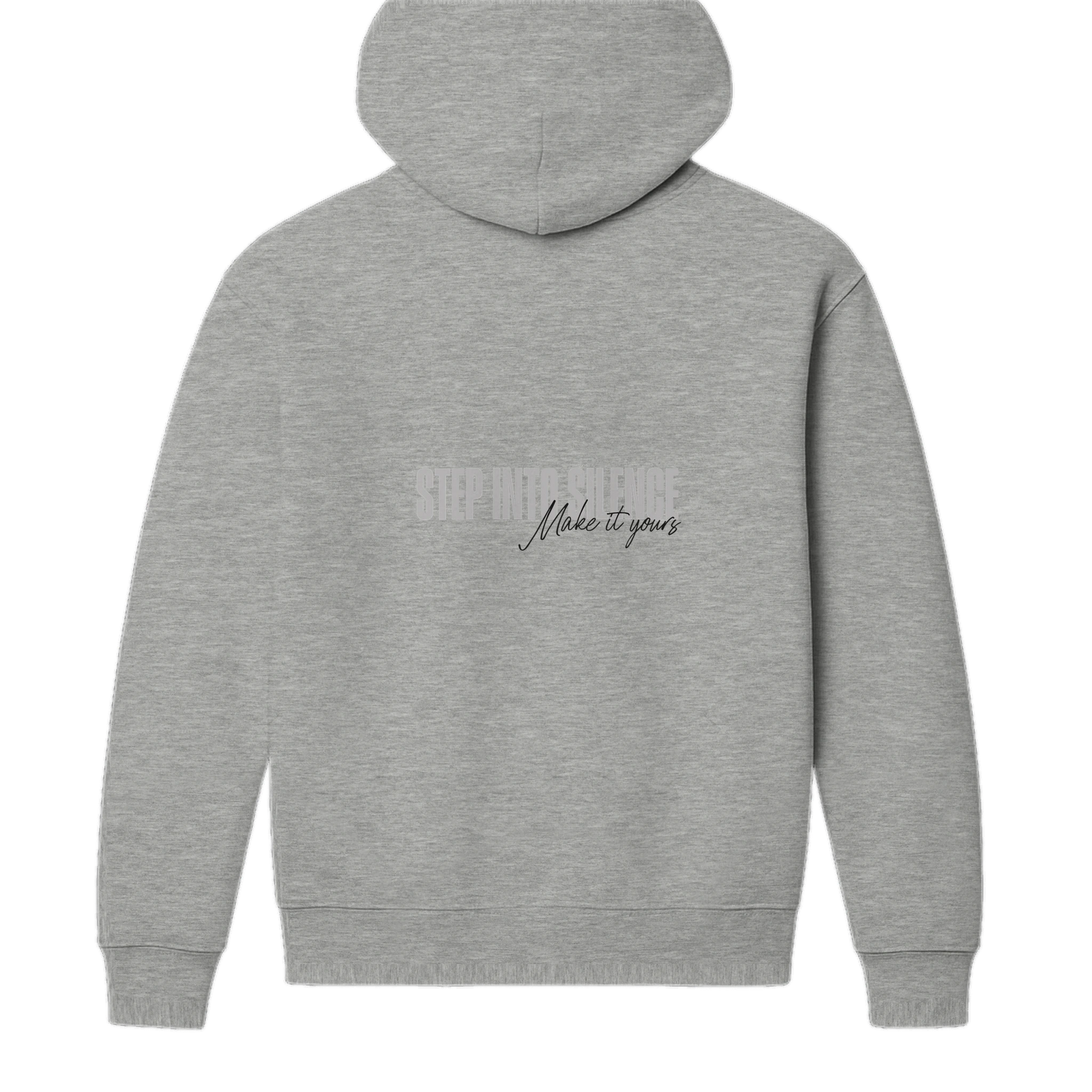 Back view of heather grey streetwear hoodie featuring Step Into Silence back text