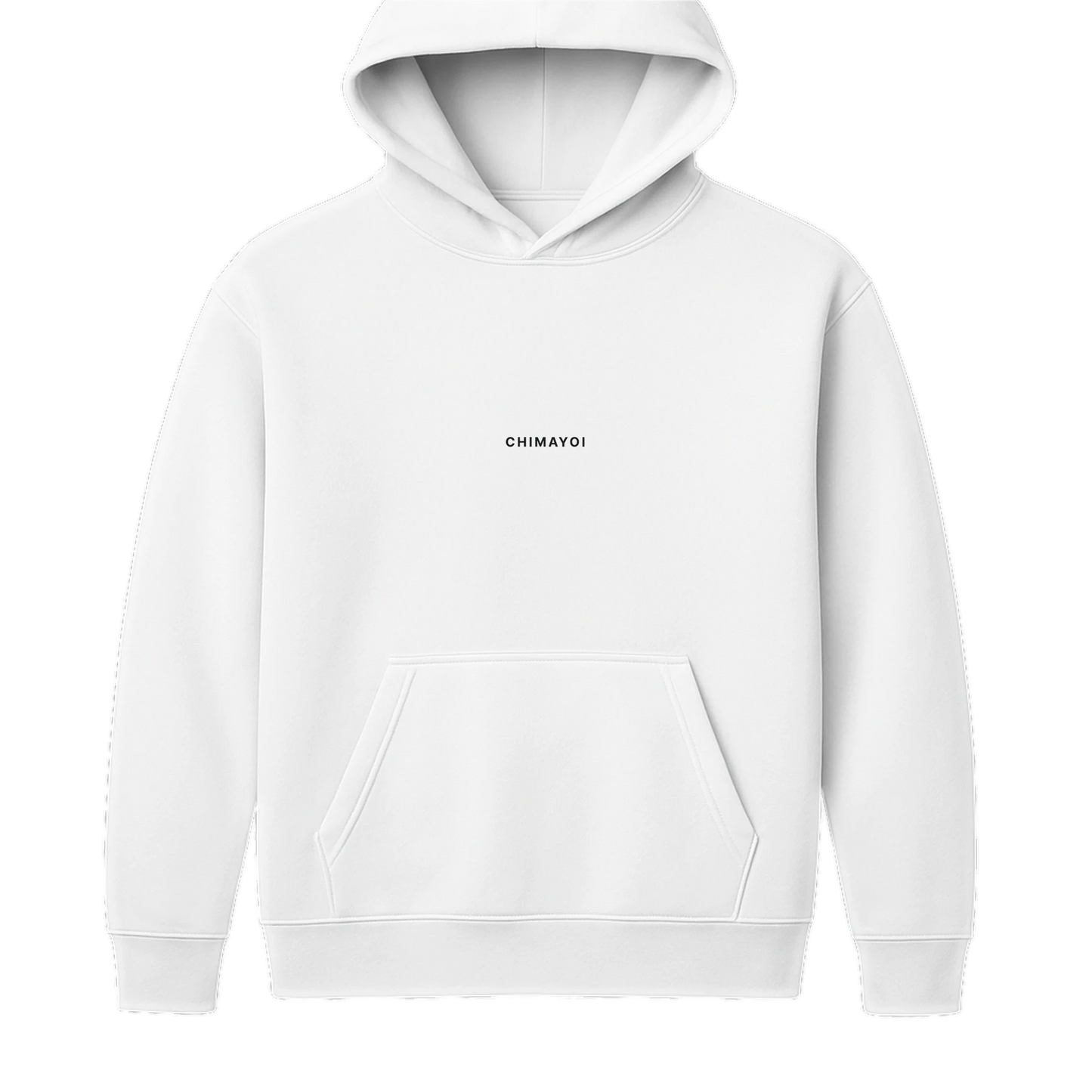 Front view of white heavyweight streetwear hoodie with clean minimalist aesthetic