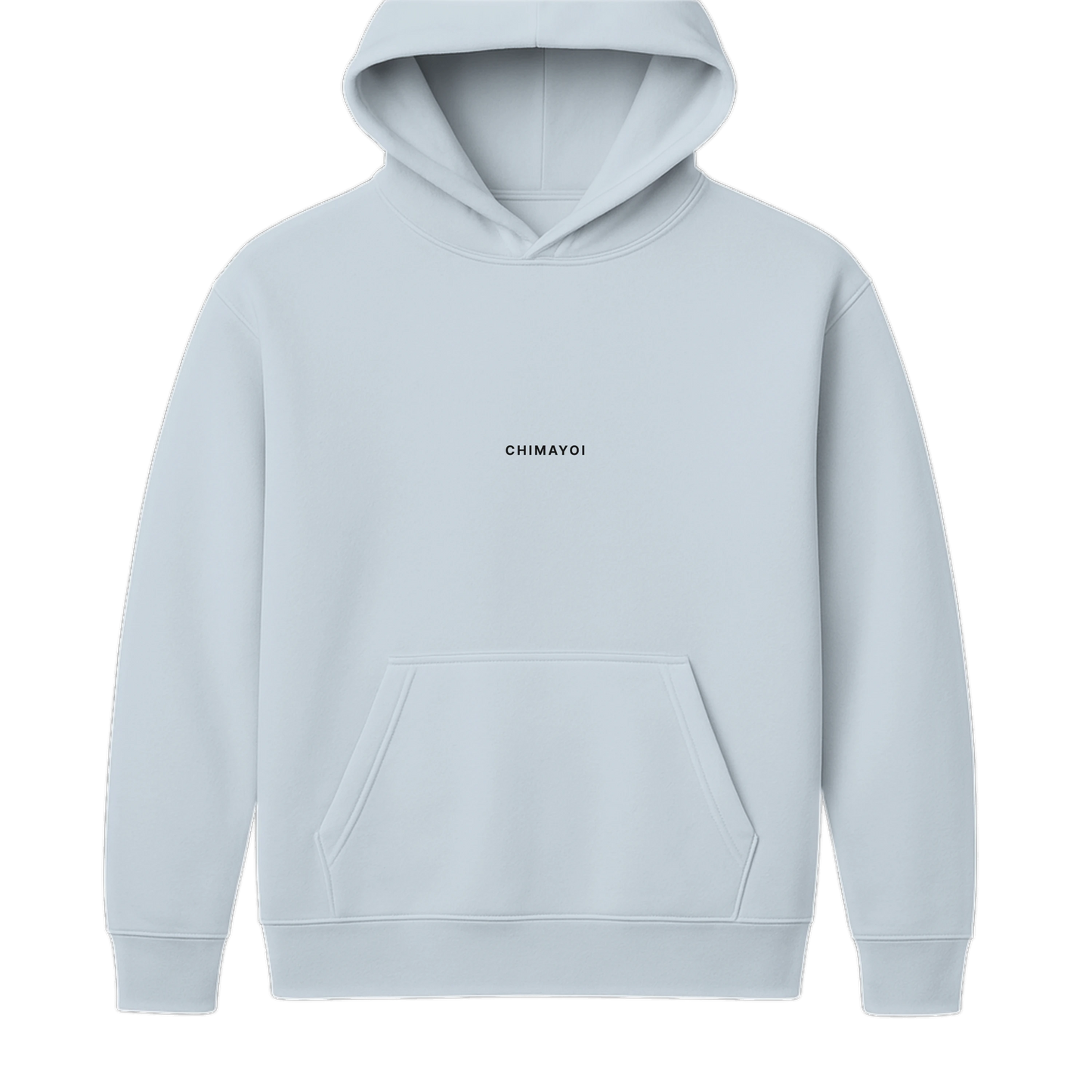 Front view of light blue minimalist streetwear hoodie with clean no-drawcord hood.