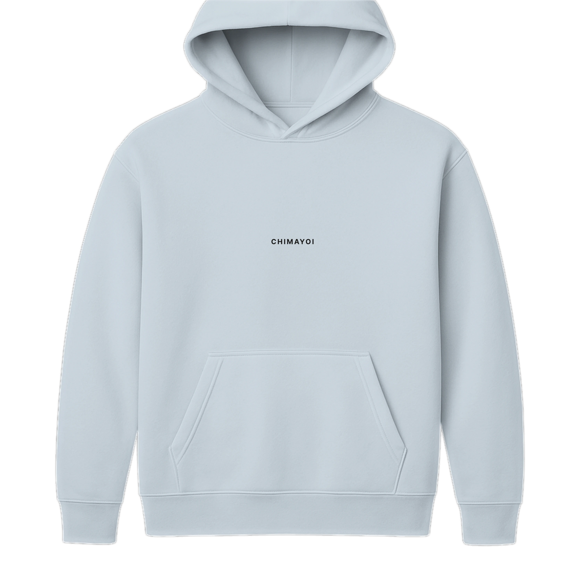 Front view of light blue minimalist streetwear hoodie with clean no-drawcord hood.