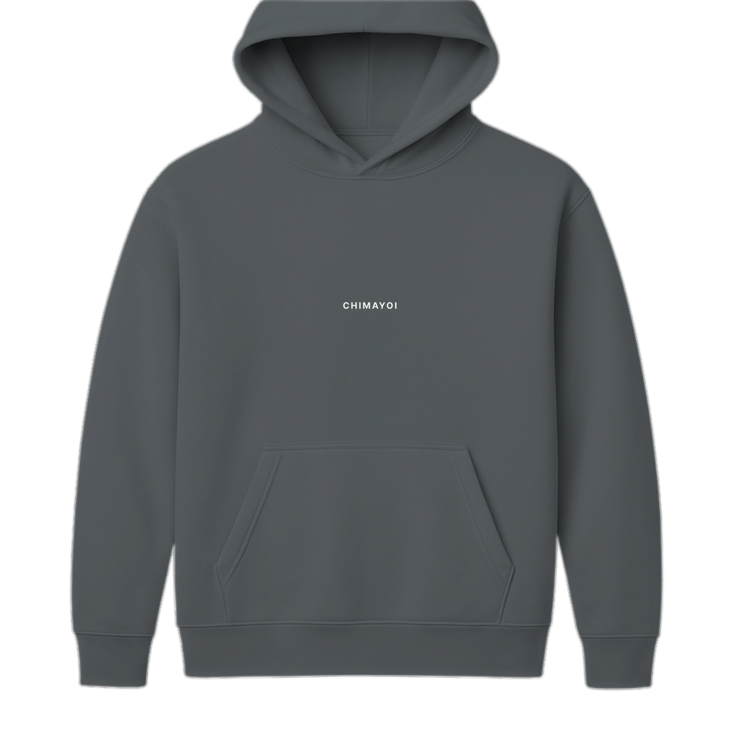 Front view of dark grey unisex streetwear hoodie featuring subtle chest branding