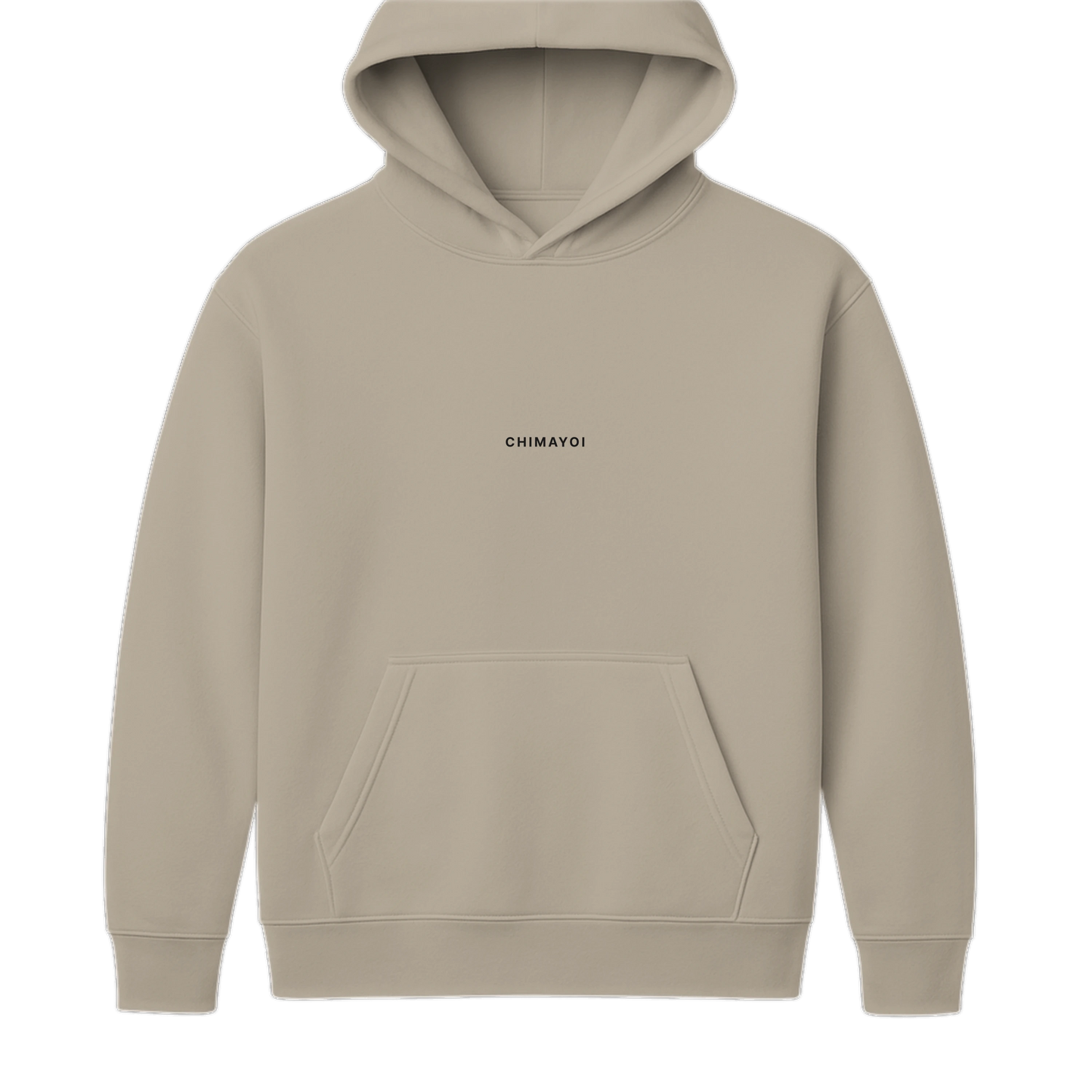Front view of beige heavyweight unisex hoodie with minimal Chimayoi chest logo