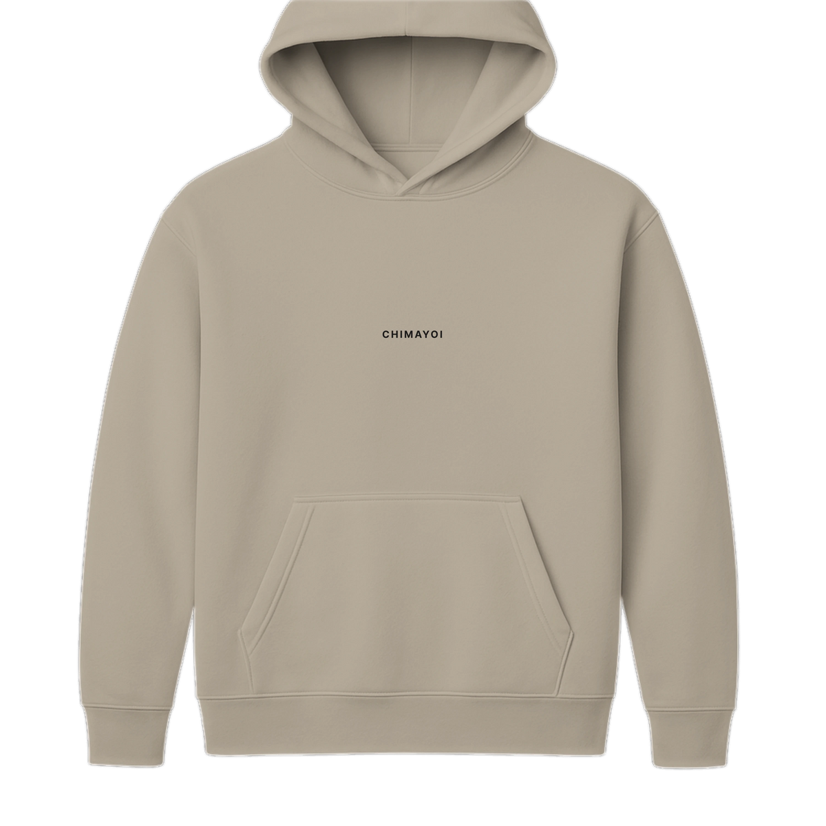 Front view of beige heavyweight unisex hoodie with minimal Chimayoi chest logo